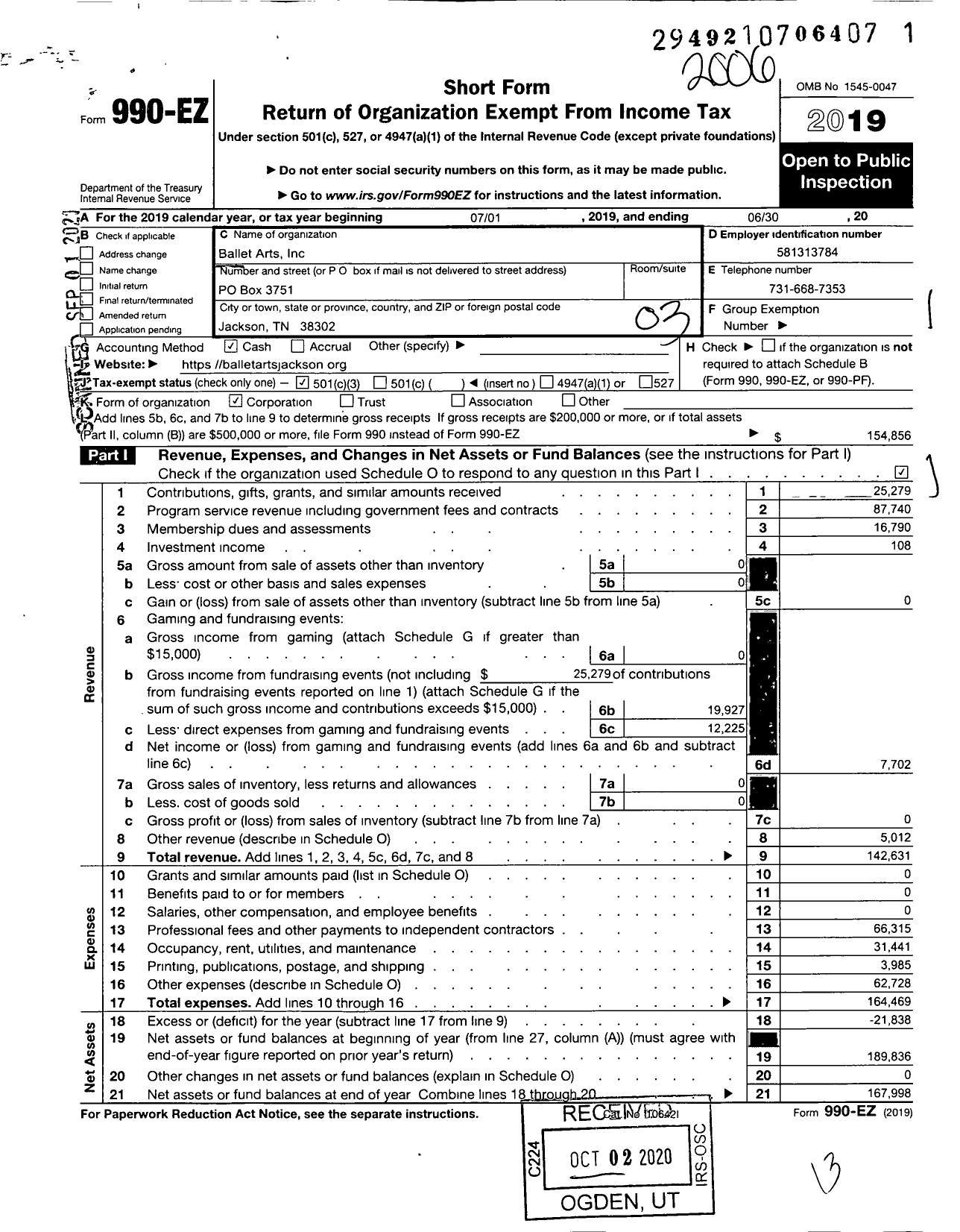 Image of first page of 2019 Form 990EZ for BALLET ARTS OF Jackson