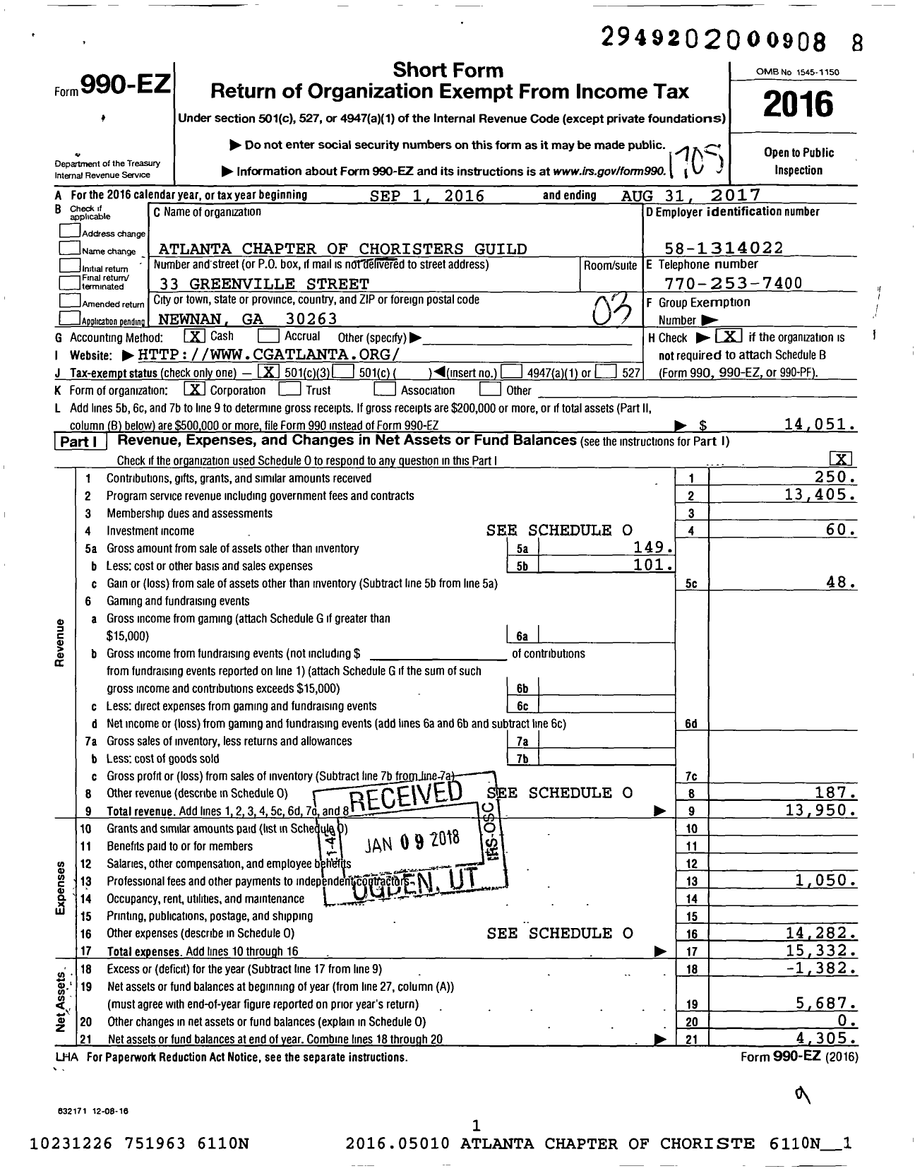 Image of first page of 2016 Form 990EZ for Atlanta Chapter of Choristers Guild