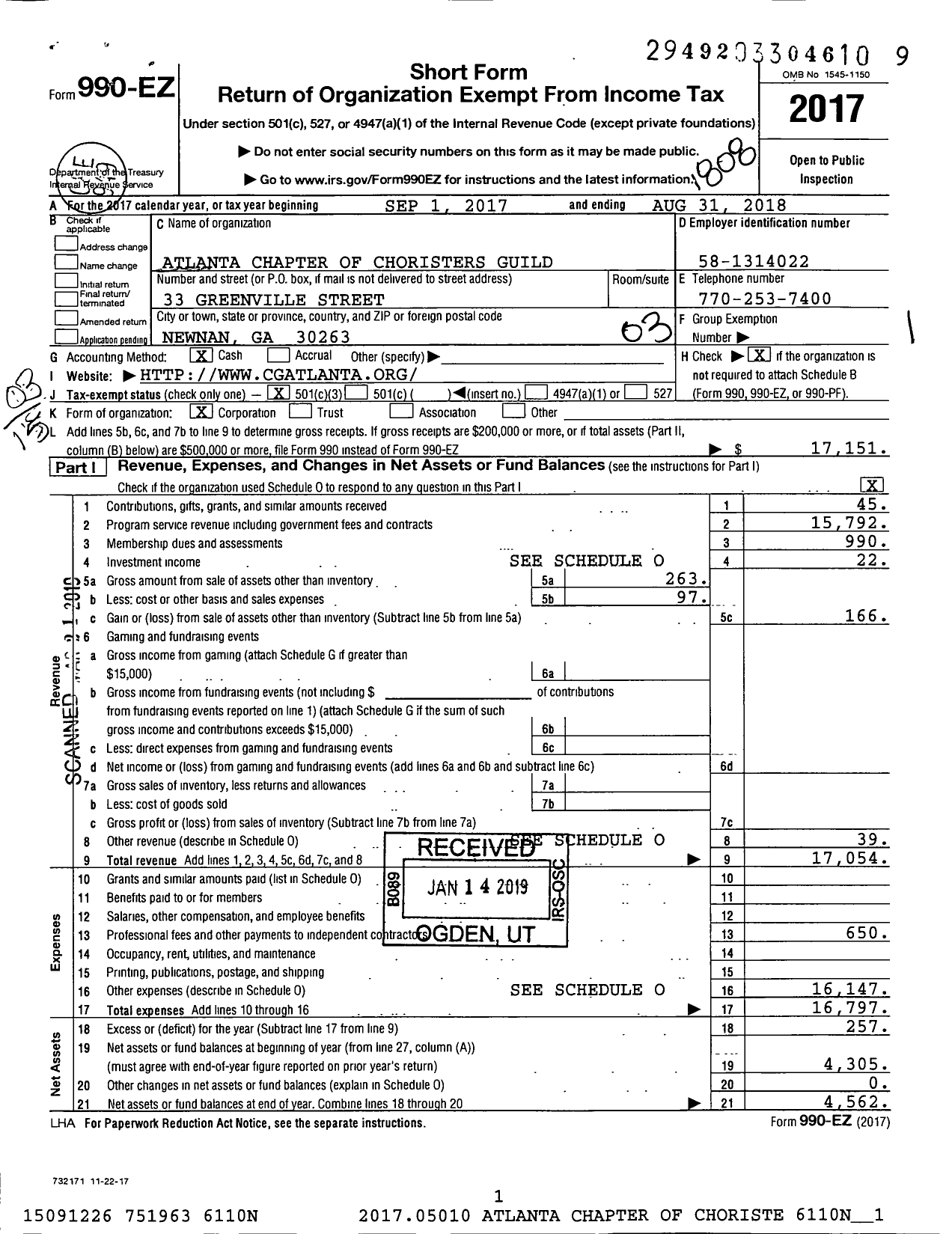 Image of first page of 2017 Form 990EZ for Atlanta Chapter of Choristers Guild