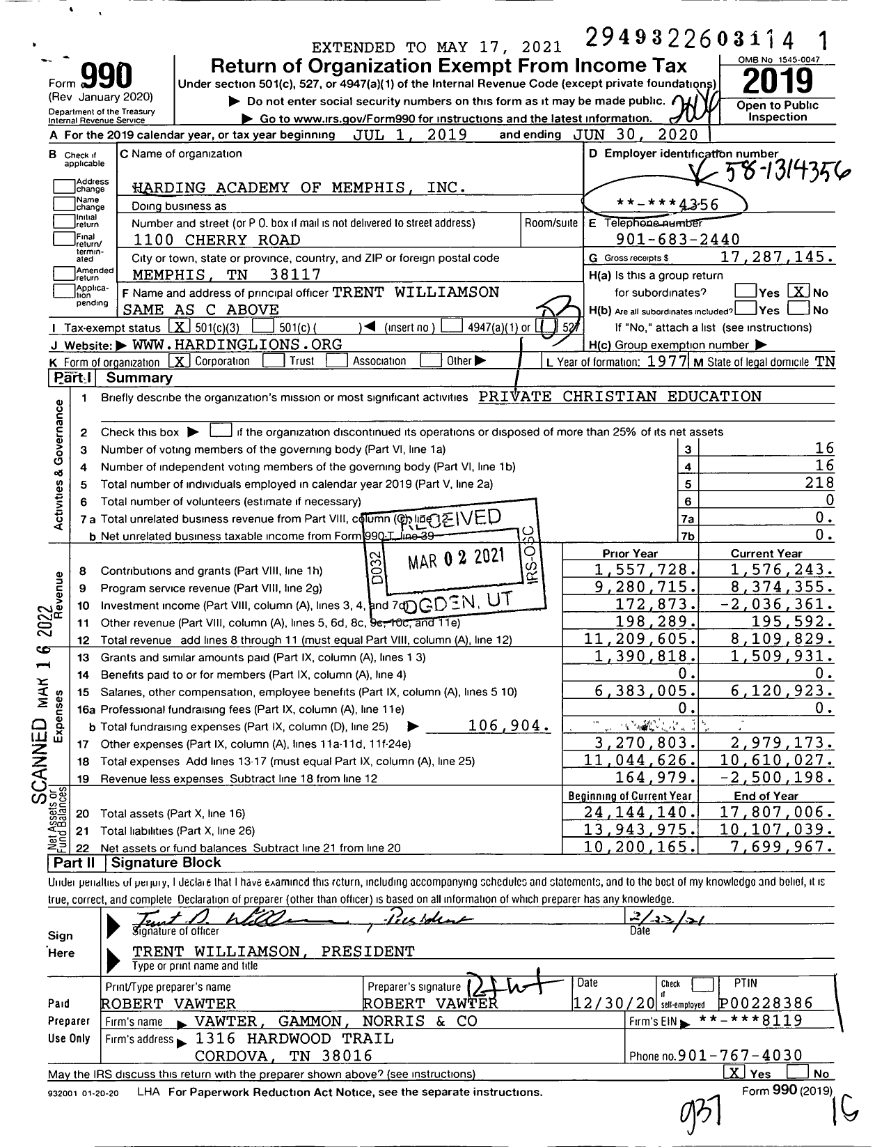 Image of first page of 2019 Form 990 for Harding Academy of Memphis