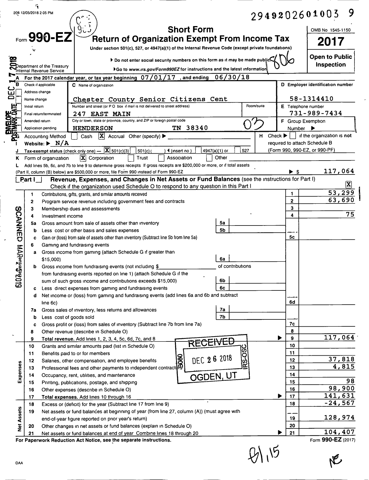 Image of first page of 2017 Form 990EZ for Chester County Senior Citizens Cent