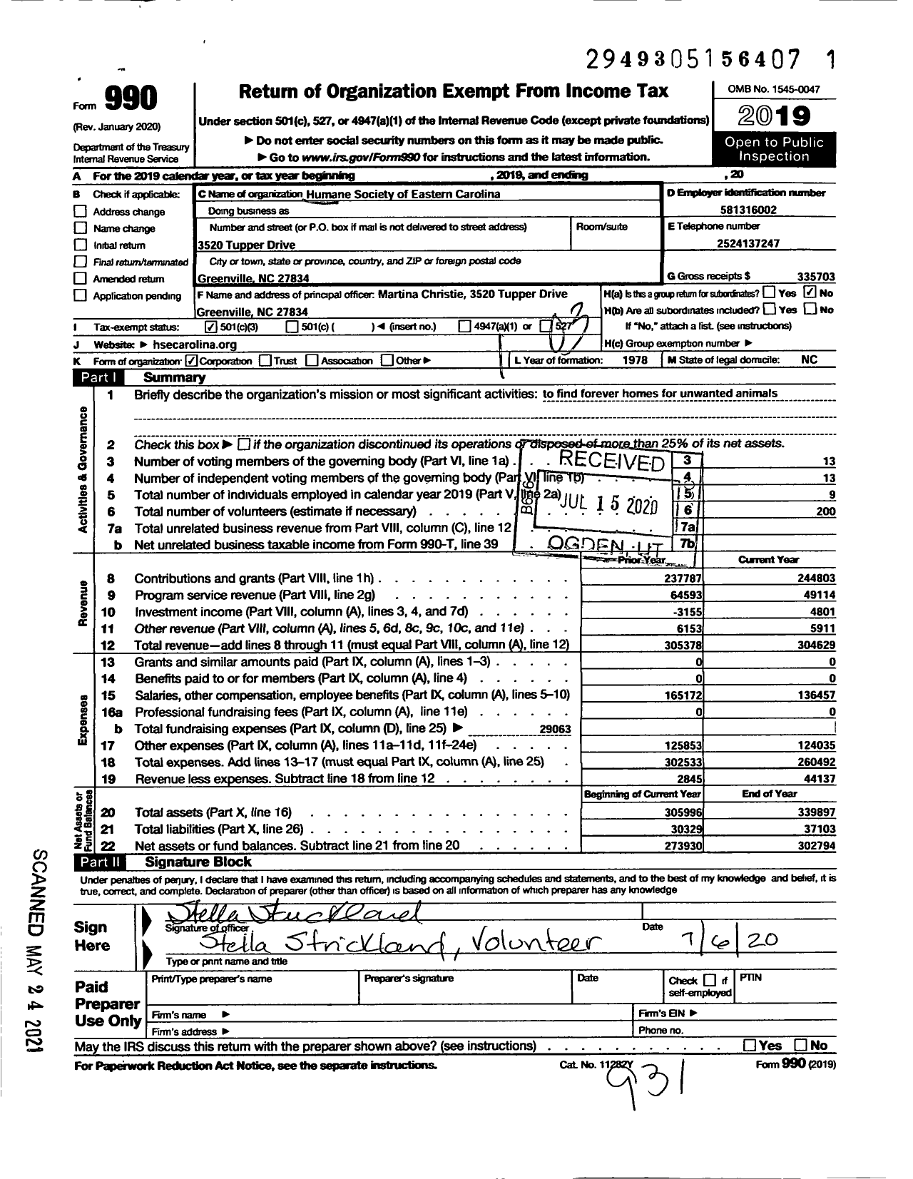 Image of first page of 2019 Form 990 for Humane Society of Eastern Carolina