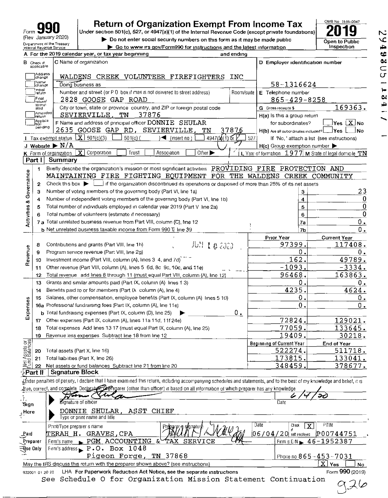 Image of first page of 2019 Form 990 for Waldens Creek Volunteer Firefighters