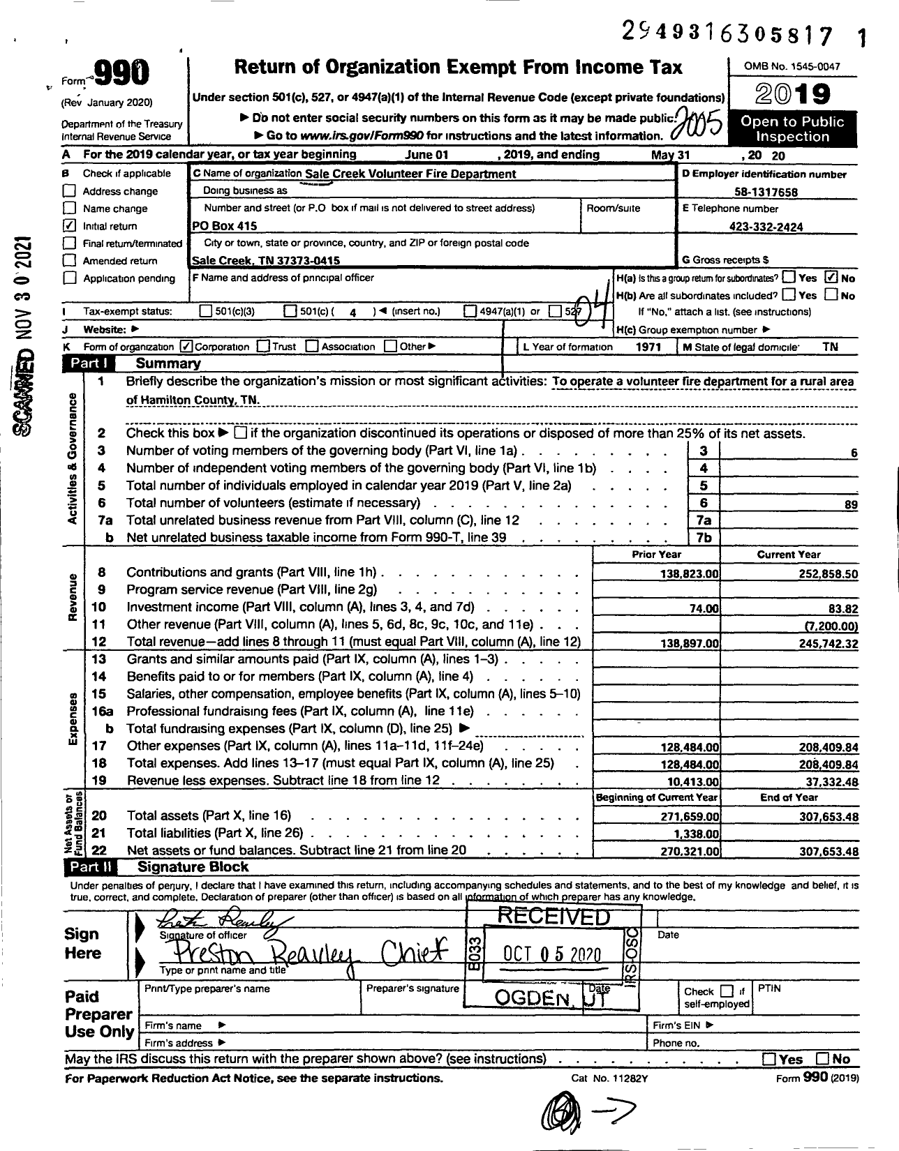 Image of first page of 2019 Form 990O for SALE CREEK VOLUNTEER FIRE DEPARTMENt