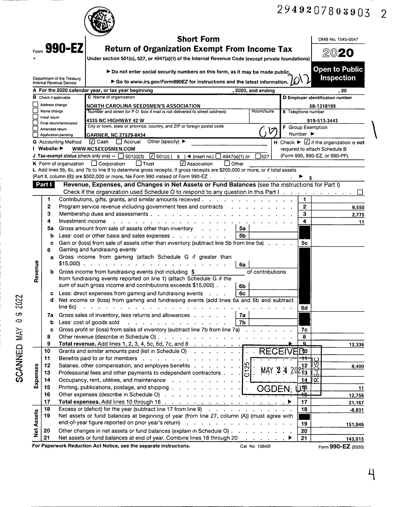 Image of first page of 2020 Form 990EO for North Carolina Seedsmens Association