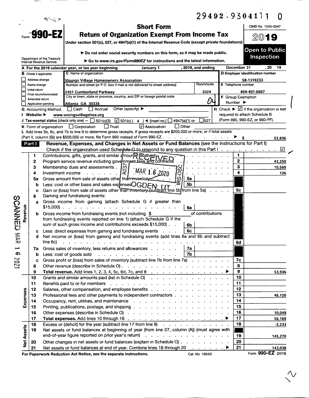 Image of first page of 2019 Form 990EO for Vinings Village Homeowners Association