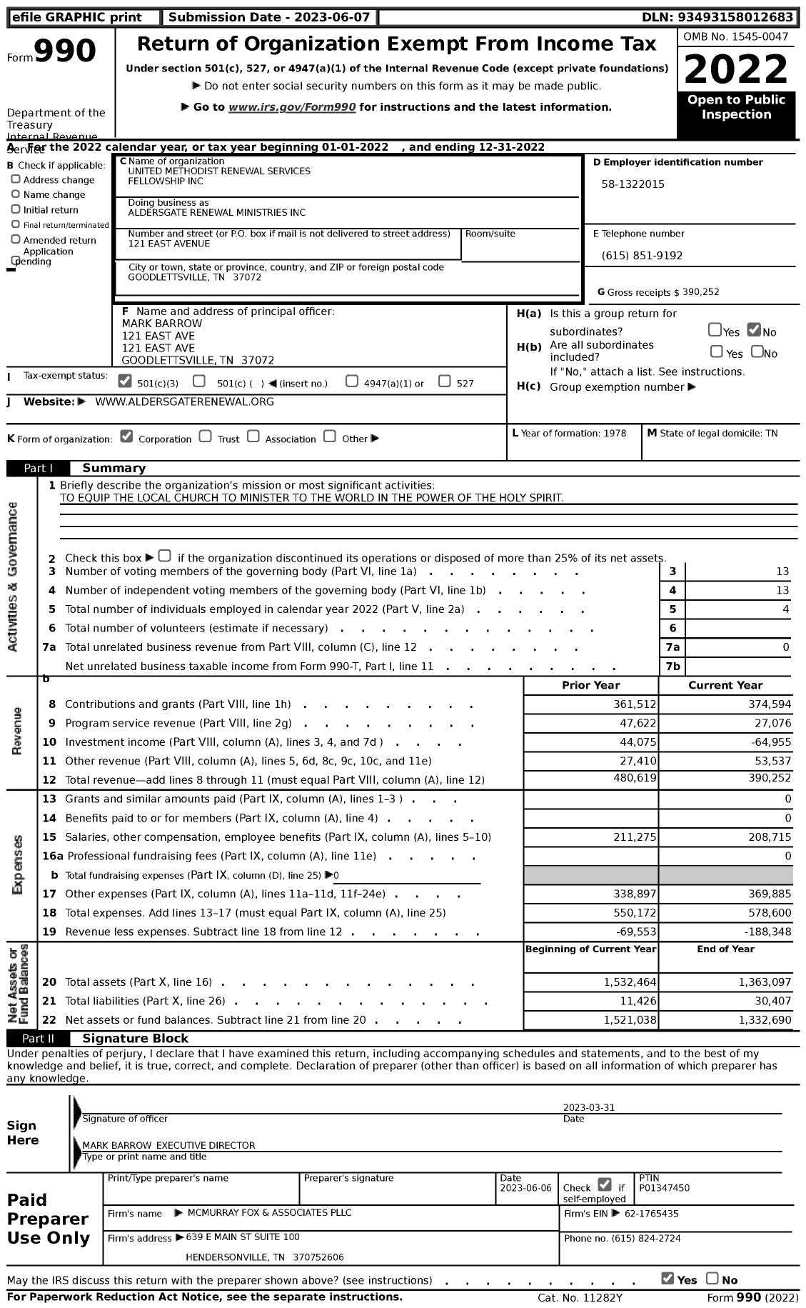 Image of first page of 2022 Form 990 for United Methodist Renewal Ministries