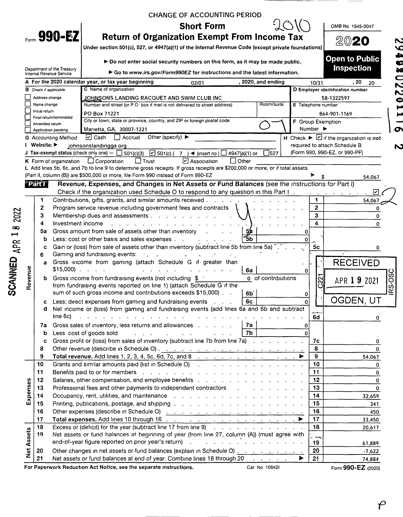 Image of first page of 2019 Form 990EO for Johnsons Landing Racquet and Swim Club