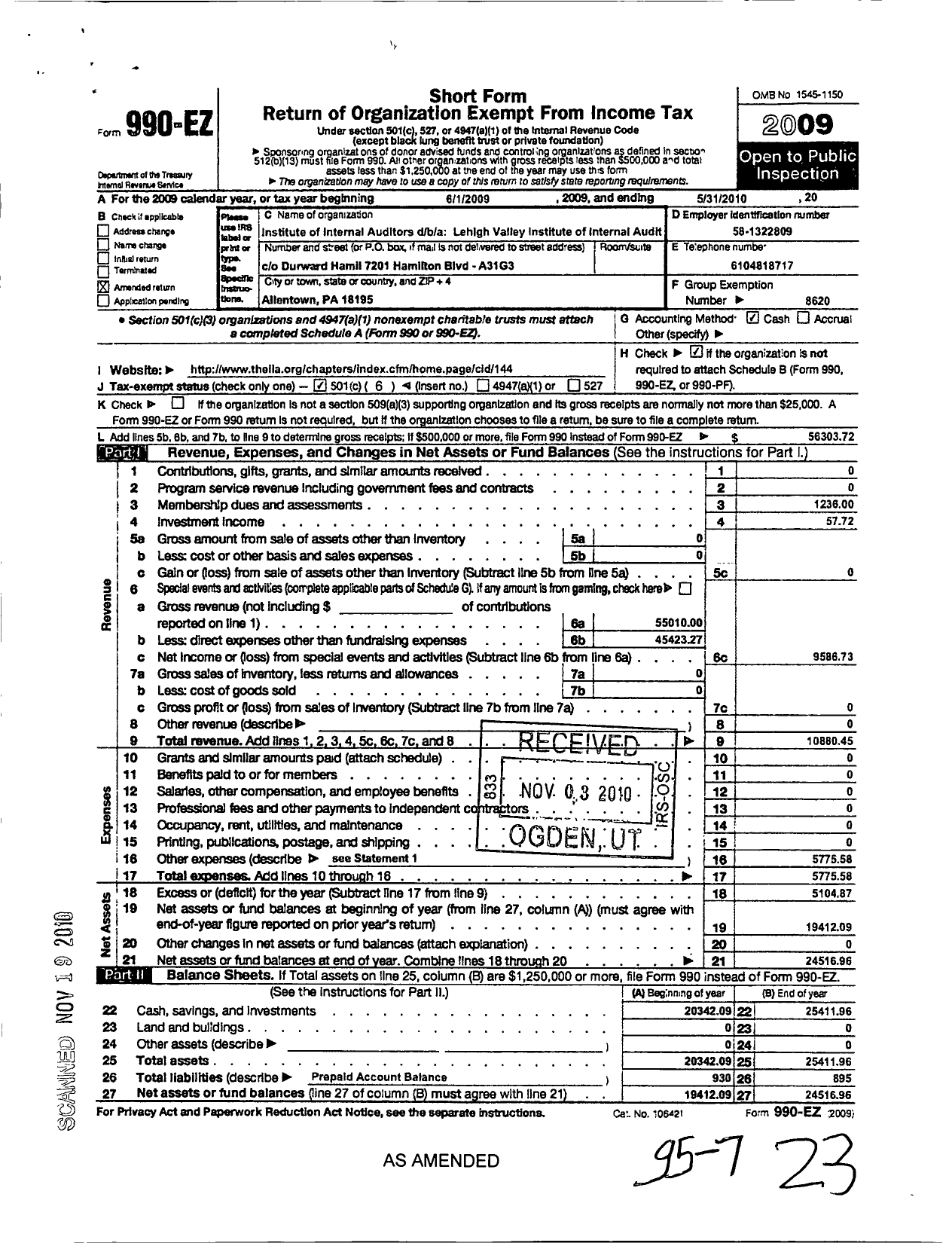 Image of first page of 2009 Form 990EO for Institute of Internal Auditors / Lehigh Valley Institute of Internal Audit