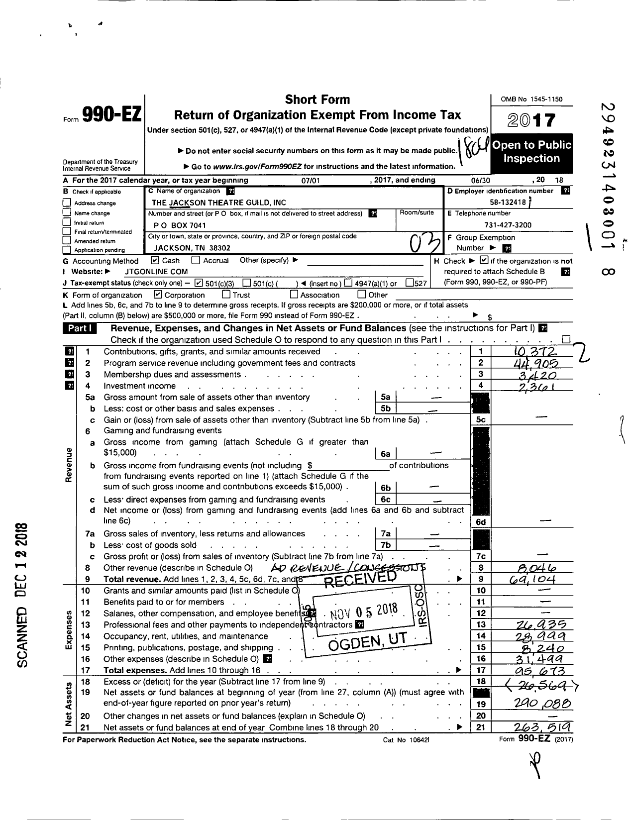 Image of first page of 2017 Form 990EZ for Jackson Theatre Guild