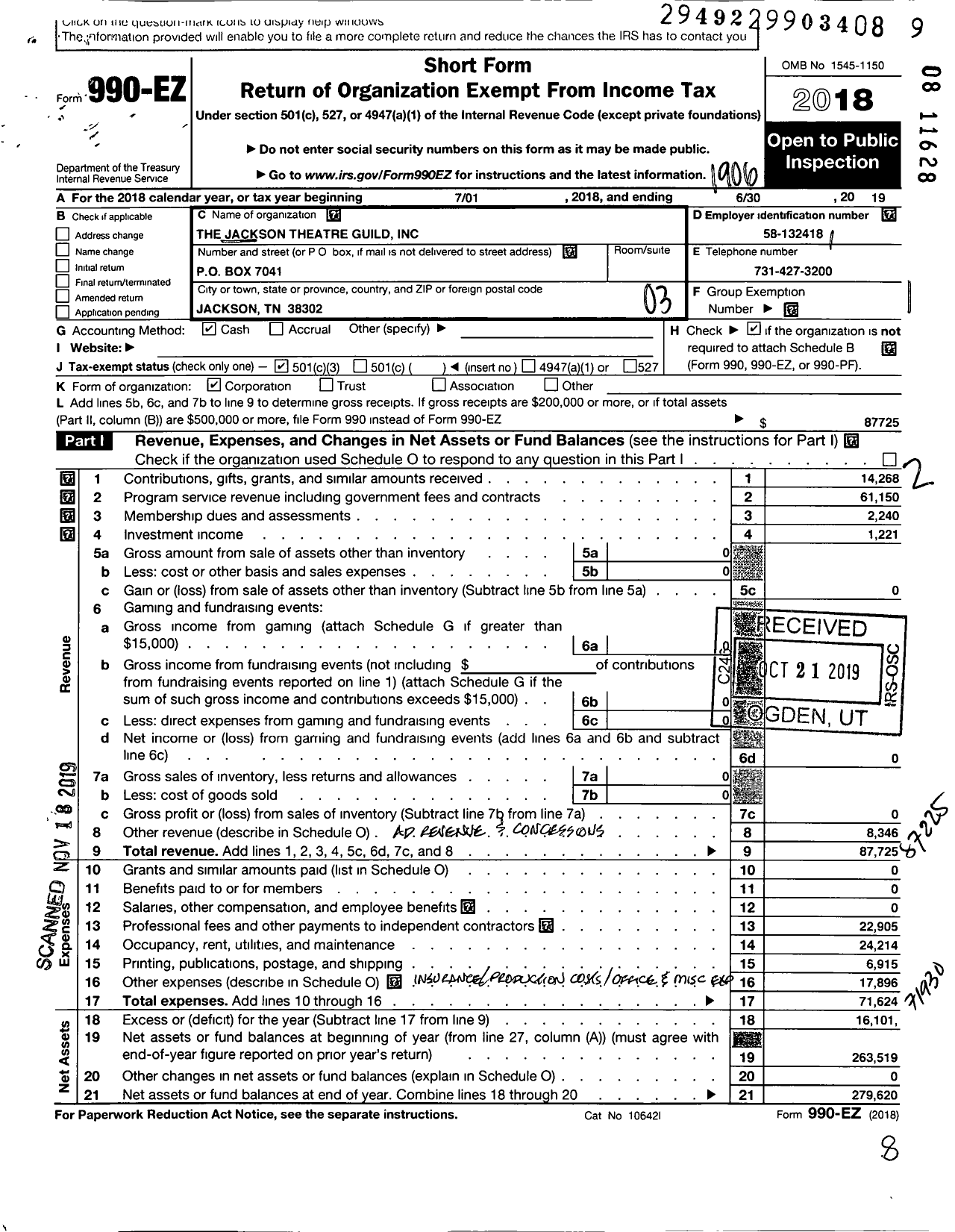 Image of first page of 2018 Form 990EZ for Jackson Theatre Guild