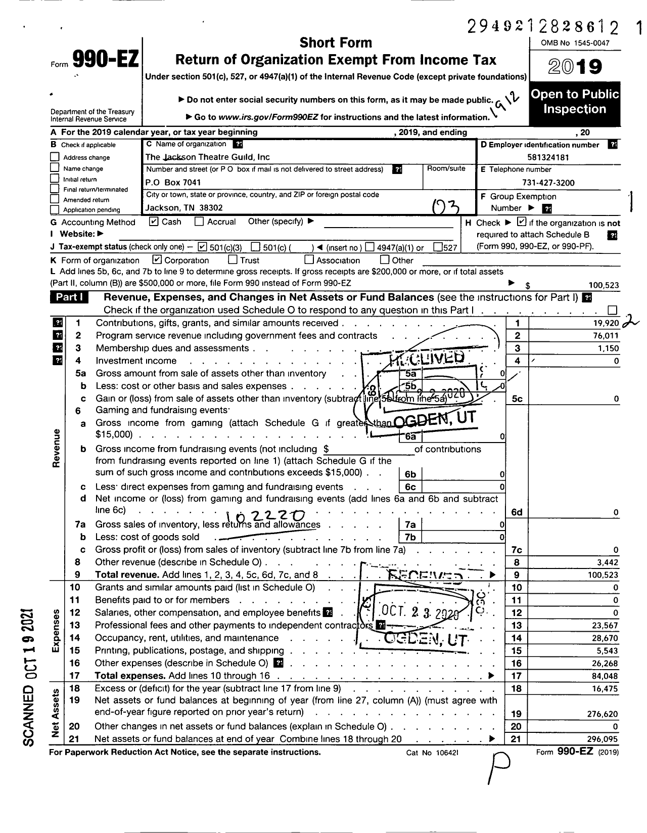 Image of first page of 2019 Form 990EZ for Jackson Theatre Guild