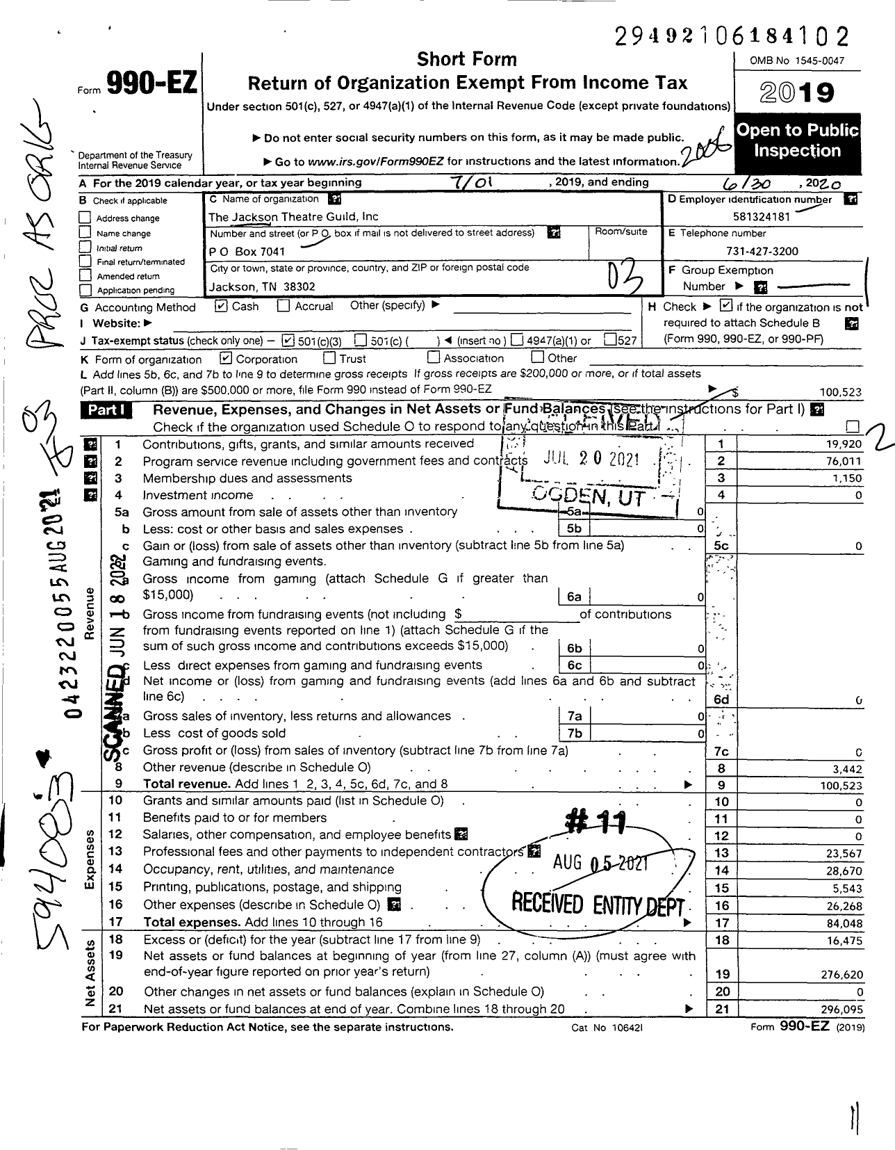 Image of first page of 2019 Form 990EZ for Jackson Theatre Guild