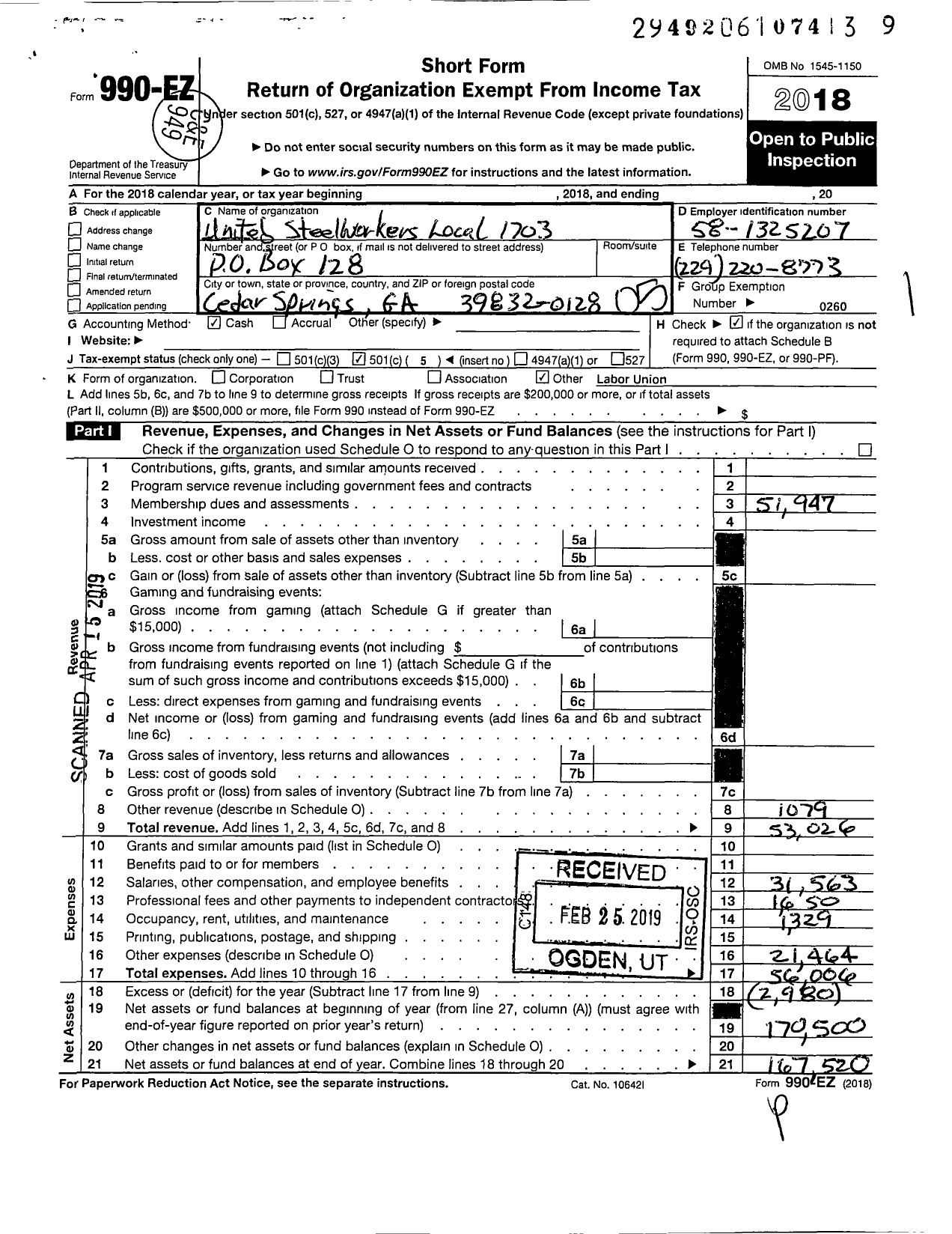 Image of first page of 2018 Form 990EO for United Steelworkers - 1703 Union