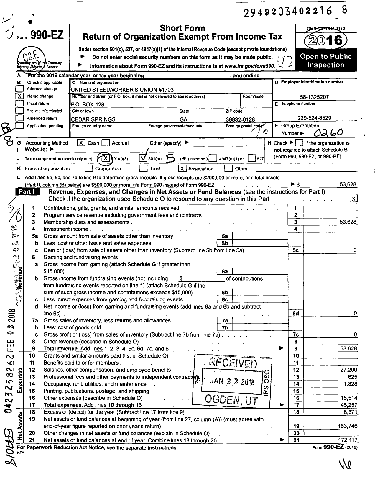 Image of first page of 2016 Form 990EO for United Steelworkers - 1703 Union