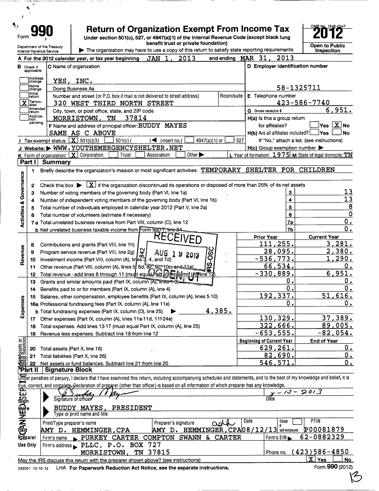 Image of first page of 2012 Form 990 for Youth Emergency Shelter / Yes Inc