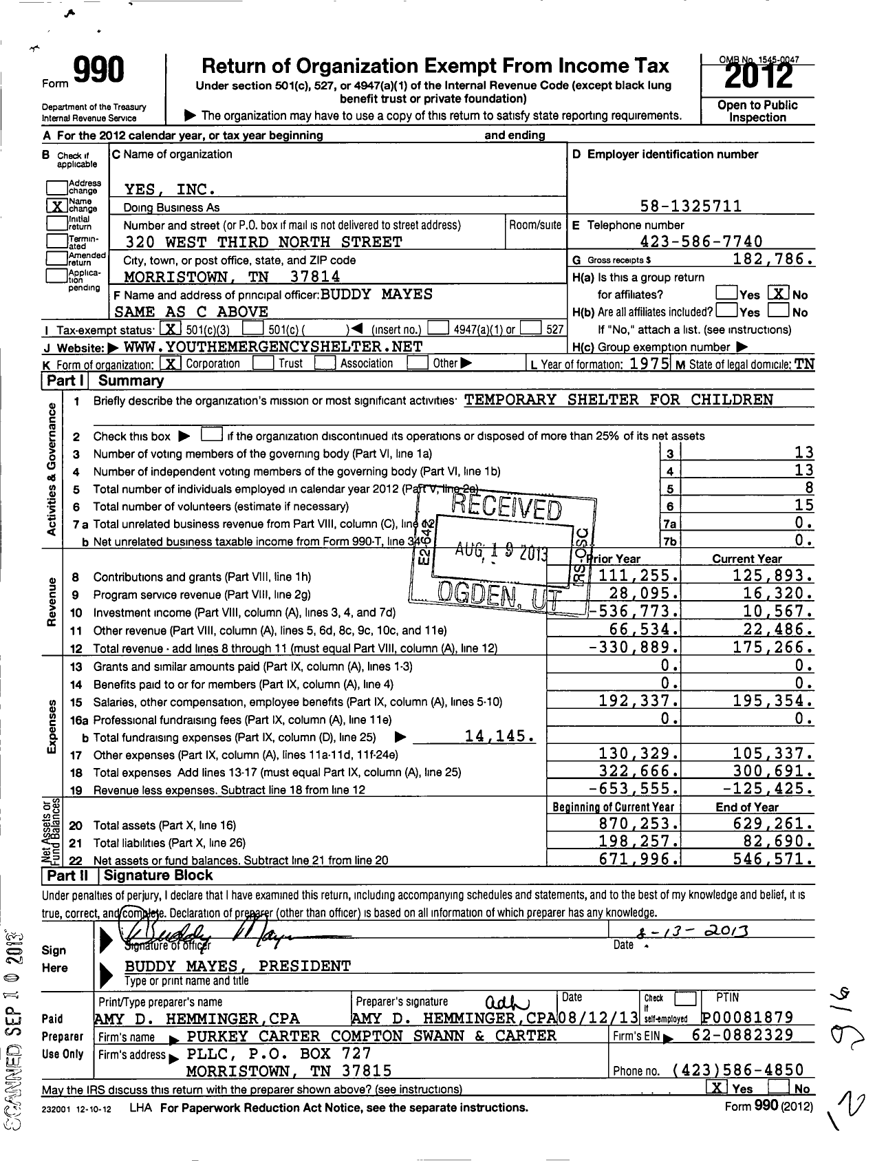 Image of first page of 2012 Form 990 for Youth Emergency Shelter / Yes Inc