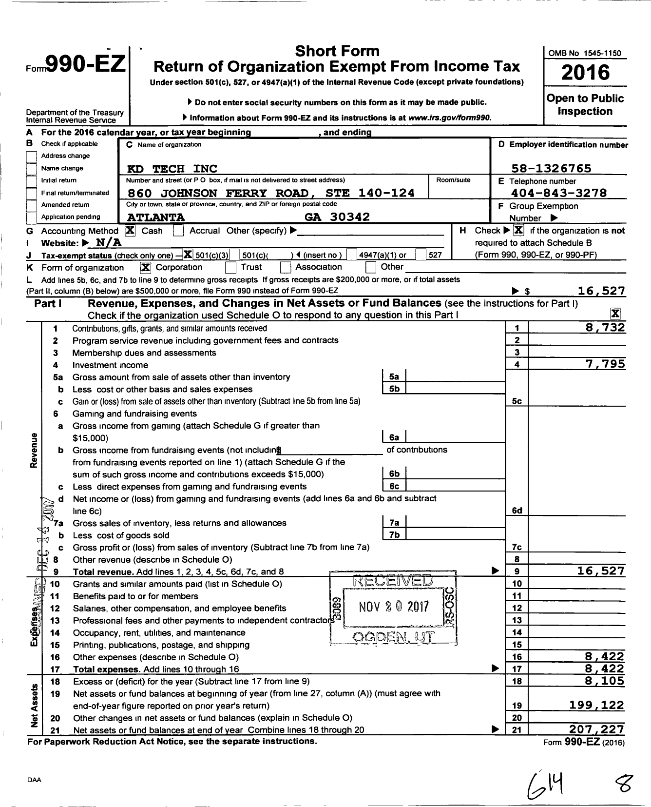 Image of first page of 2016 Form 990EZ for KD Tech