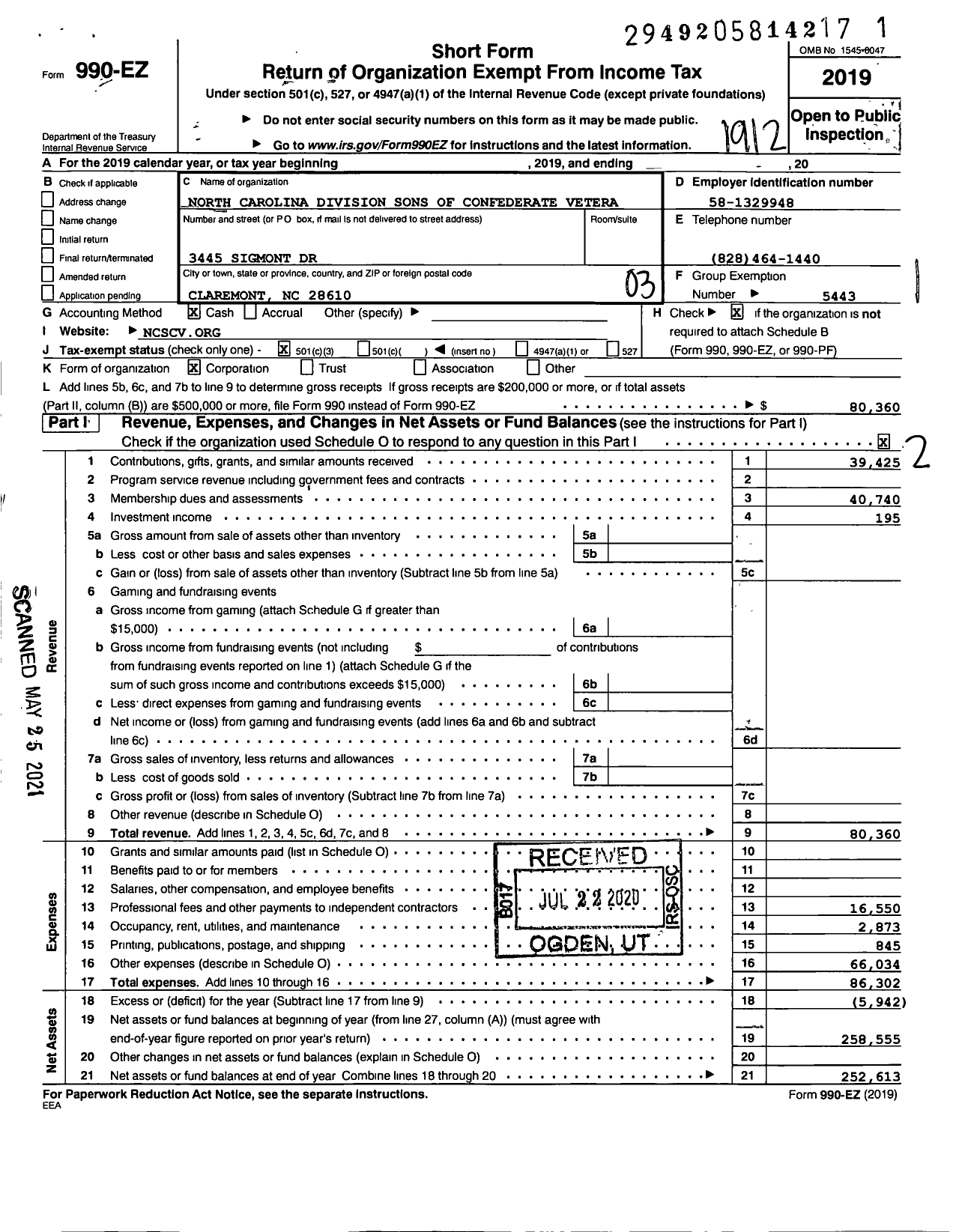 Image of first page of 2019 Form 990EZ for Sons of Confederate Veterans - North Carolina Division