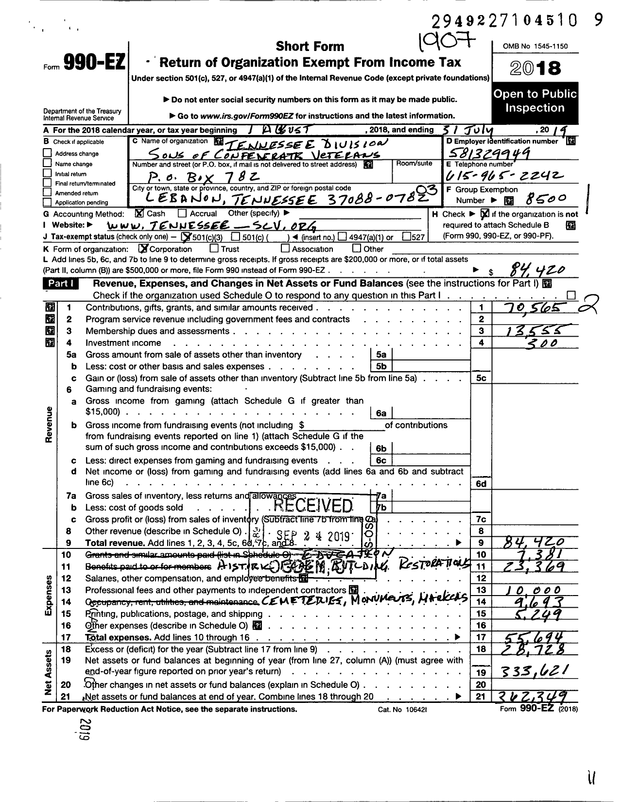 Image of first page of 2018 Form 990EZ for Sons of Confederate Veterans - Tennessee Division