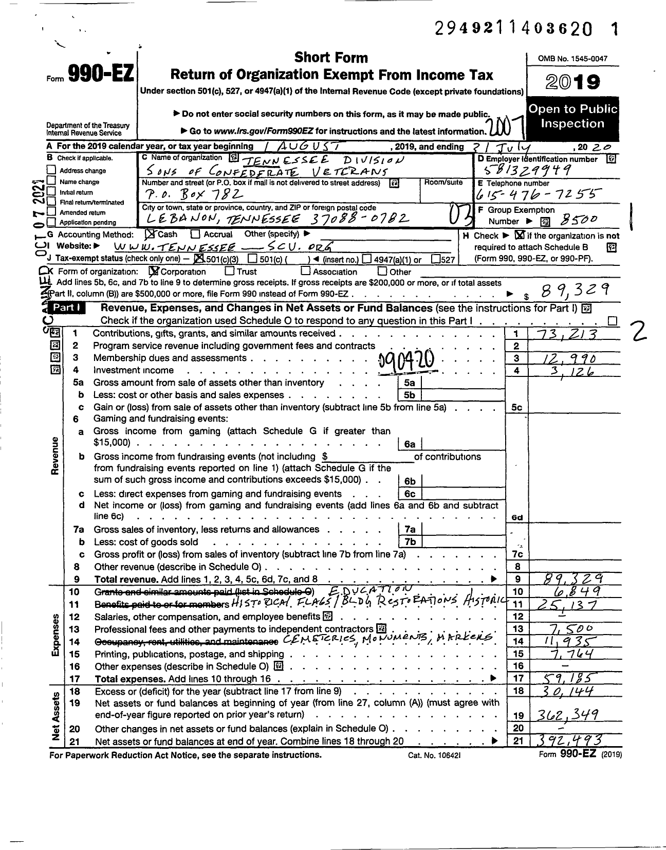 Image of first page of 2019 Form 990EZ for Sons of Confederate Veterans - Tennessee Division