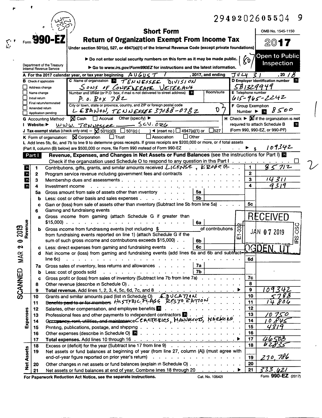 Image of first page of 2017 Form 990EZ for Sons of Confederate Veterans - Tennessee Division