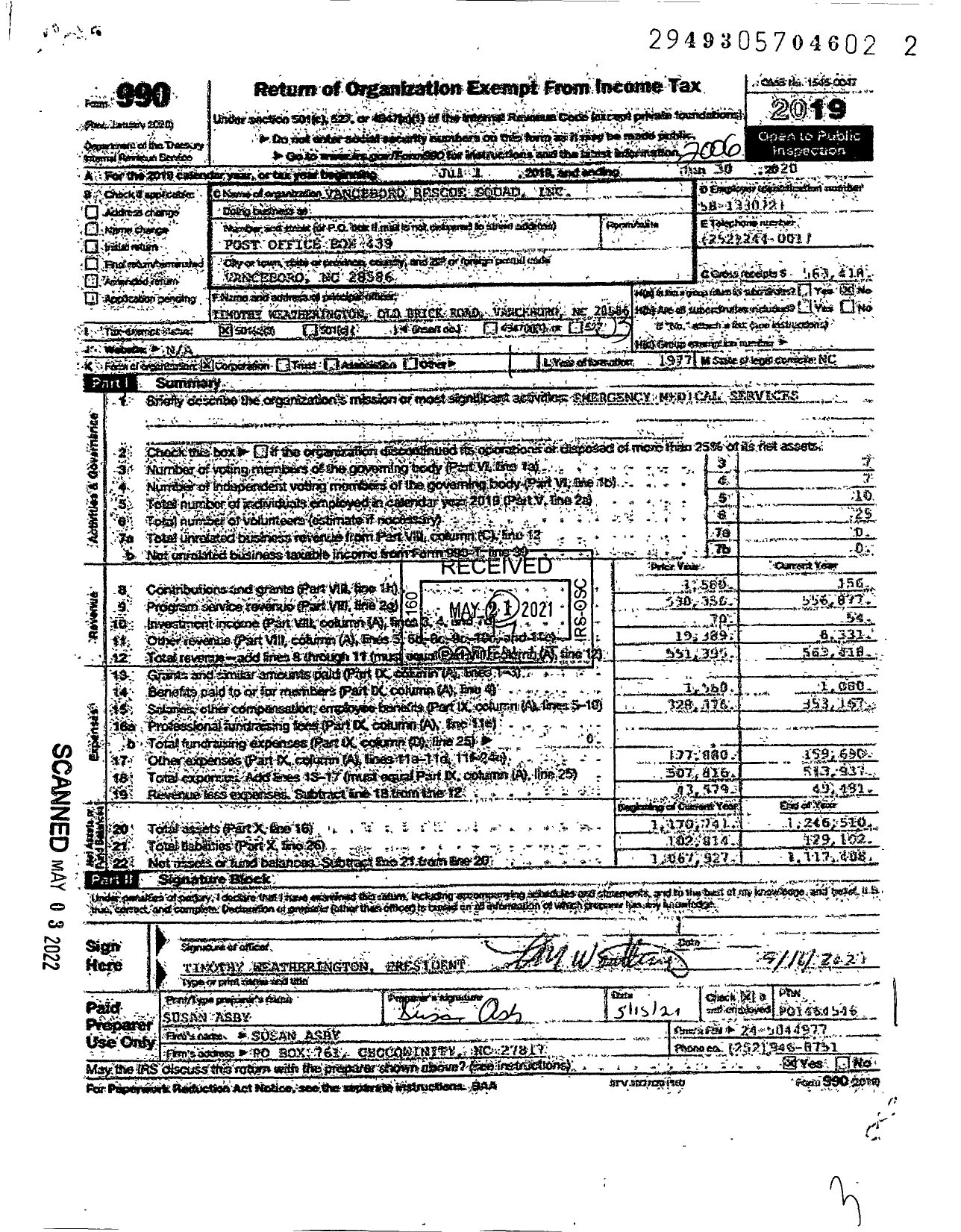 Image of first page of 2019 Form 990 for Vanceboro Rescue Squad