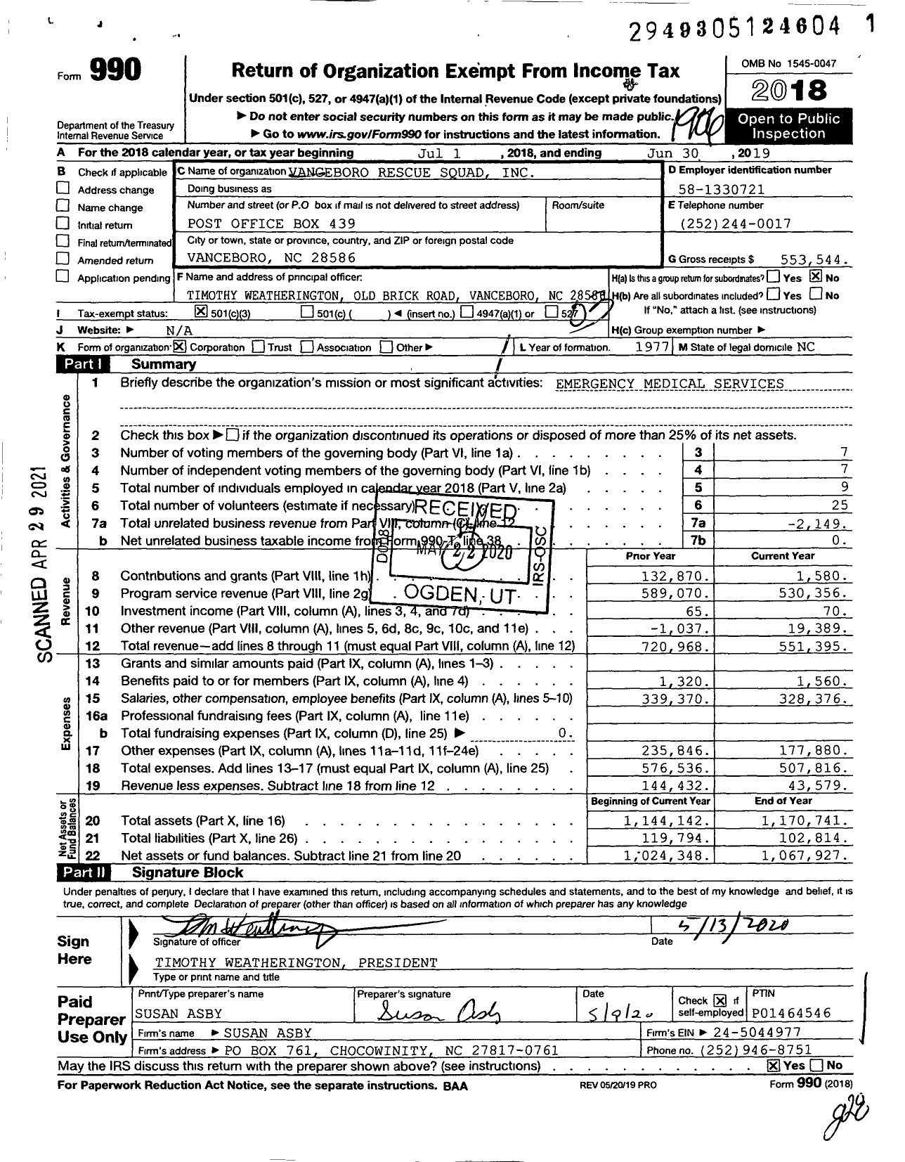 Image of first page of 2018 Form 990 for Vanceboro Rescue Squad