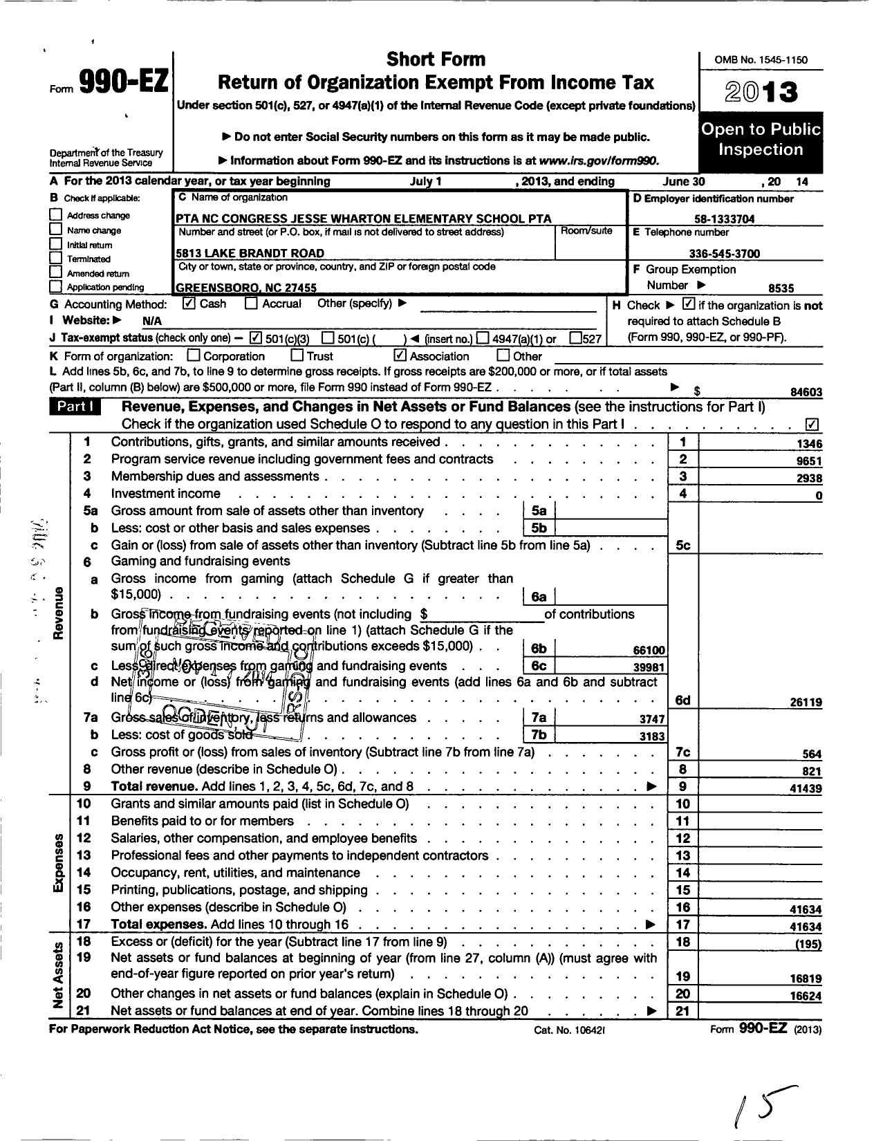 Image of first page of 2013 Form 990EZ for North Carolina PTA - Jesse Wharton Elementary School PTA