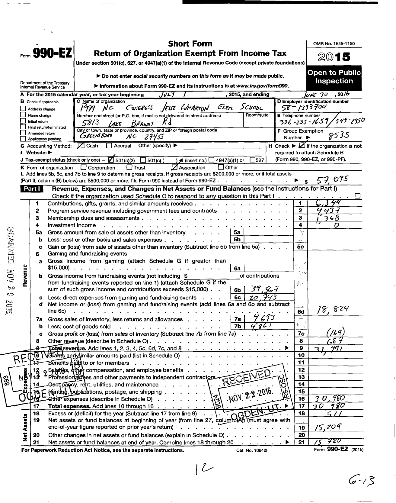 Image of first page of 2015 Form 990EZ for North Carolina PTA - Jesse Wharton Elementary School PTA