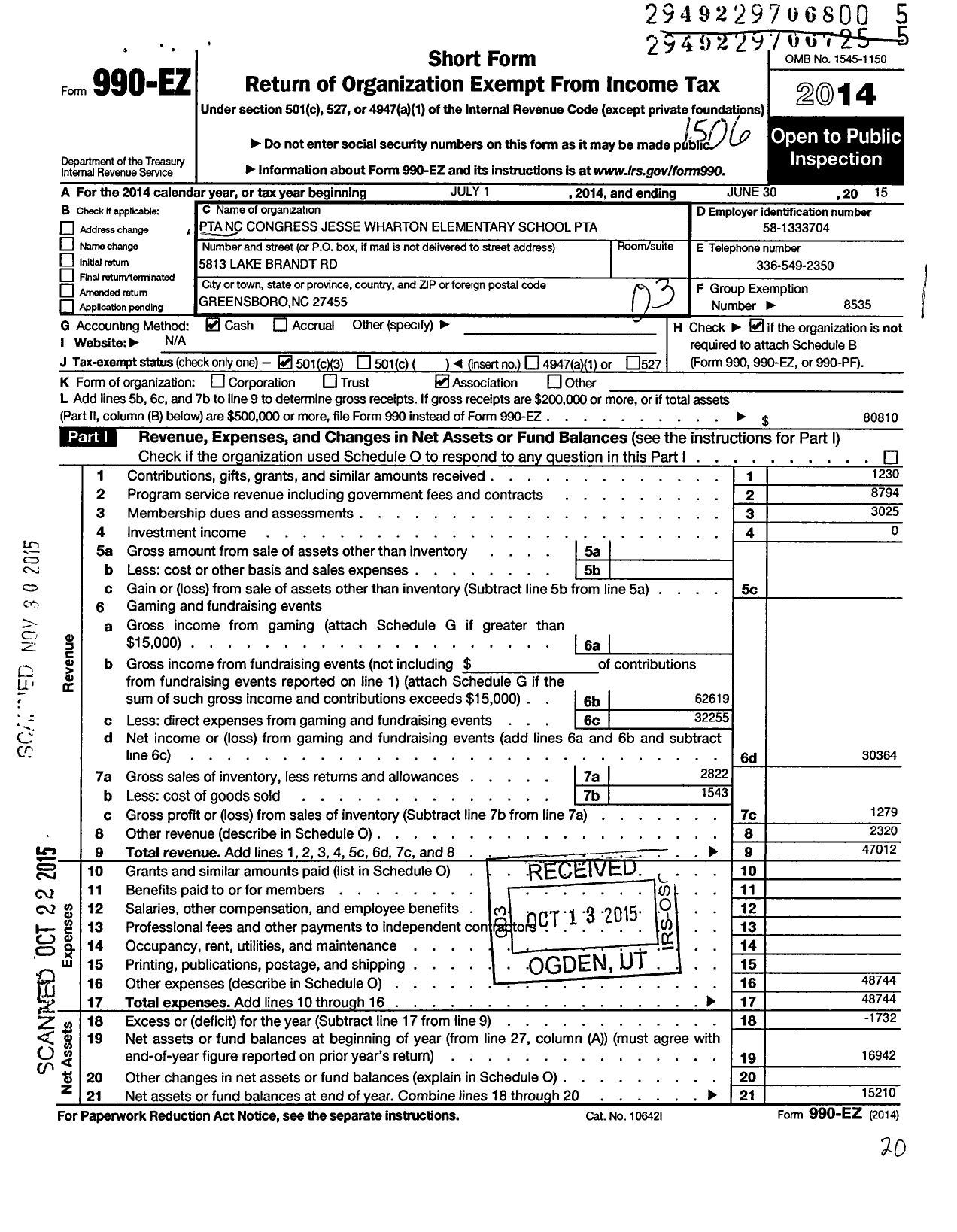 Image of first page of 2014 Form 990EZ for North Carolina PTA - Jesse Wharton Elementary School PTA