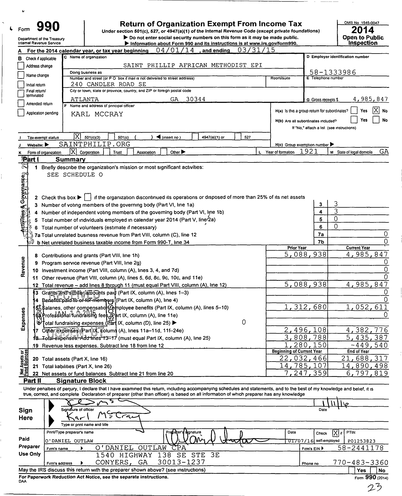 Image of first page of 2014 Form 990 for Saint Philip African Methodist Episcopal Church