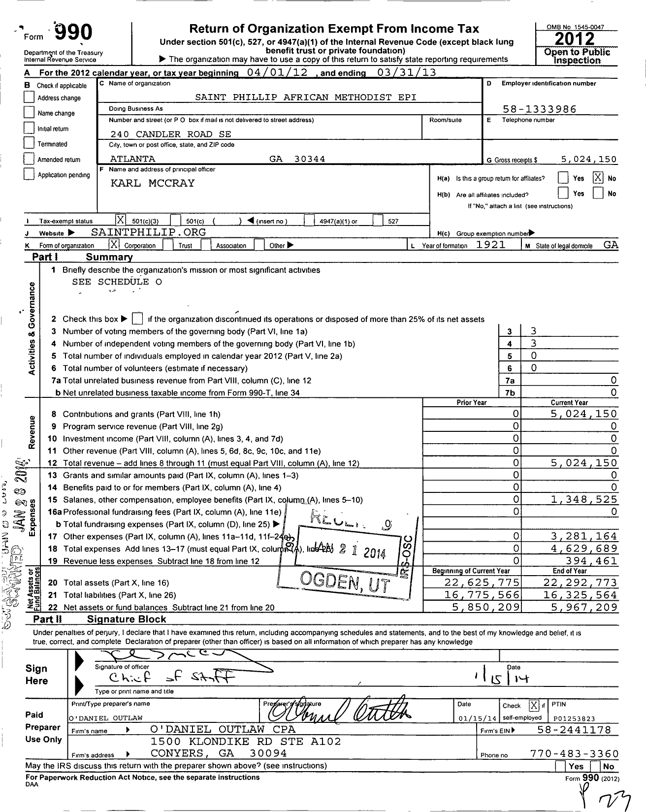 Image of first page of 2012 Form 990 for Saint Philip African Methodist Episcopal Church