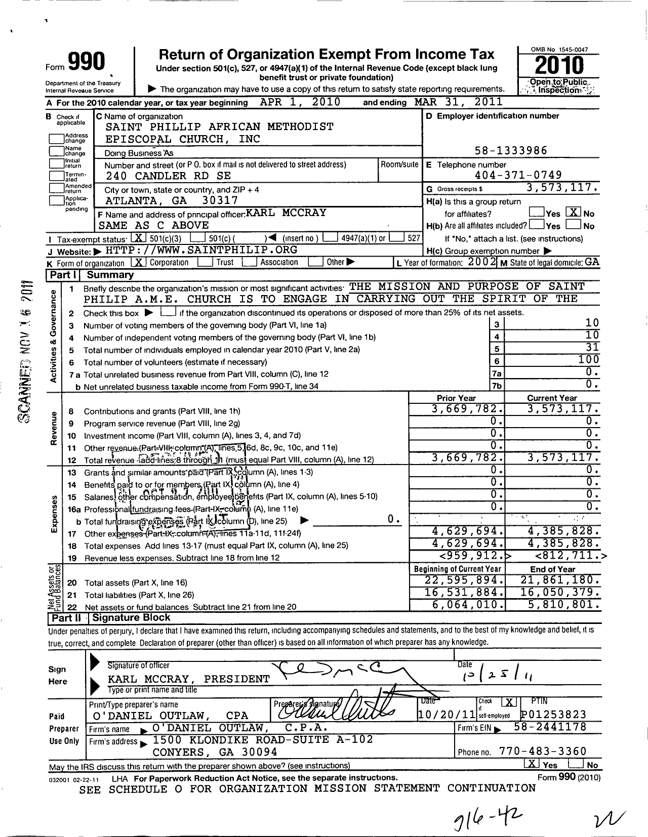 Image of first page of 2010 Form 990 for Saint Philip African Methodist Episcopal Church