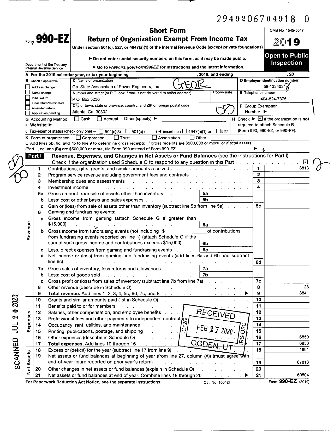 Image of first page of 2019 Form 990EO for Georgia State Association of Power Engineers