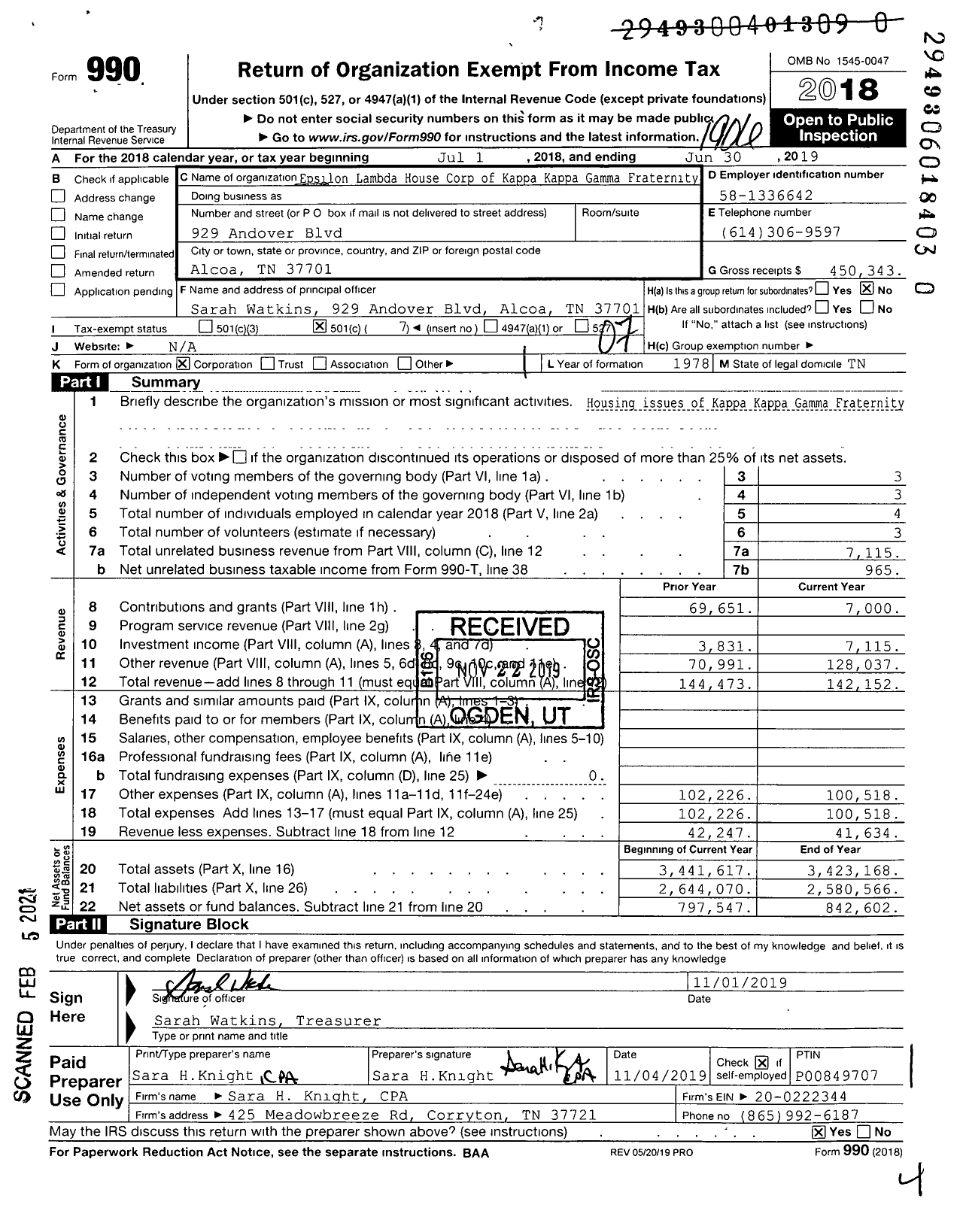 Image of first page of 2018 Form 990O for Epsilon Lambda House Corp of Kappa Kappa Gamma Fraternity