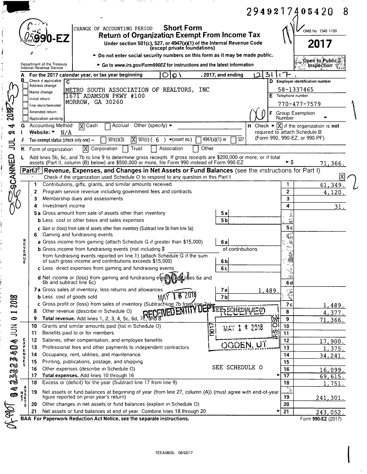 Image of first page of 2017 Form 990EO for Metro South Association of Realtors