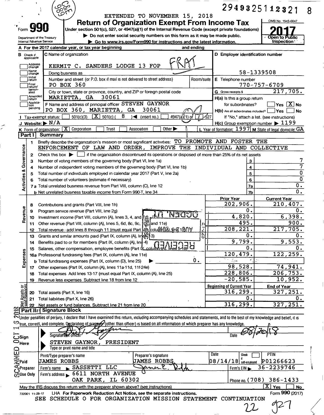 Image of first page of 2017 Form 990O for Fraternal Order of Police - 13 Kermit Sanders Lodge