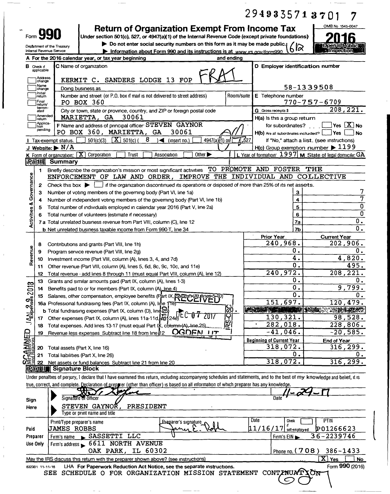 Image of first page of 2016 Form 990O for Fraternal Order of Police - 13 Kermit Sanders Lodge