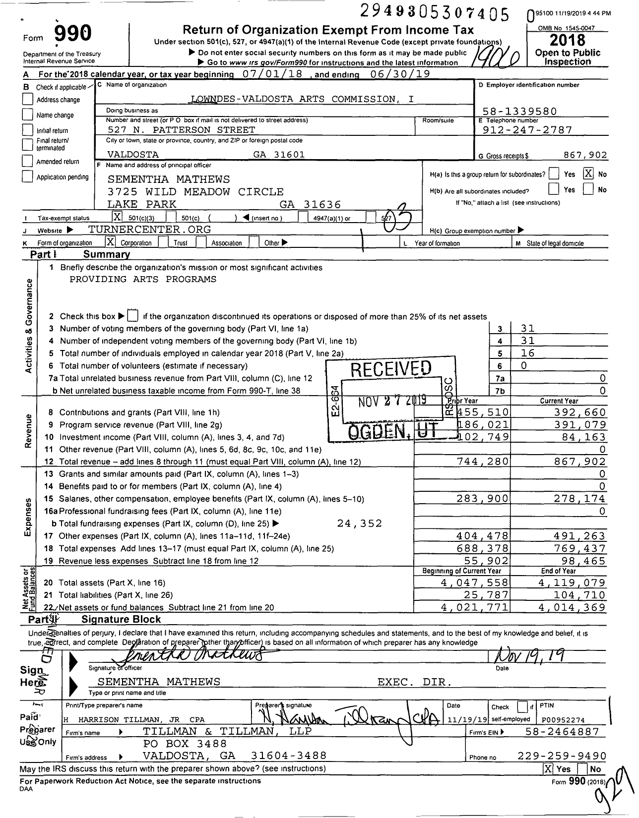 Image of first page of 2018 Form 990 for Lowndes-Valdosta Arts Commission I