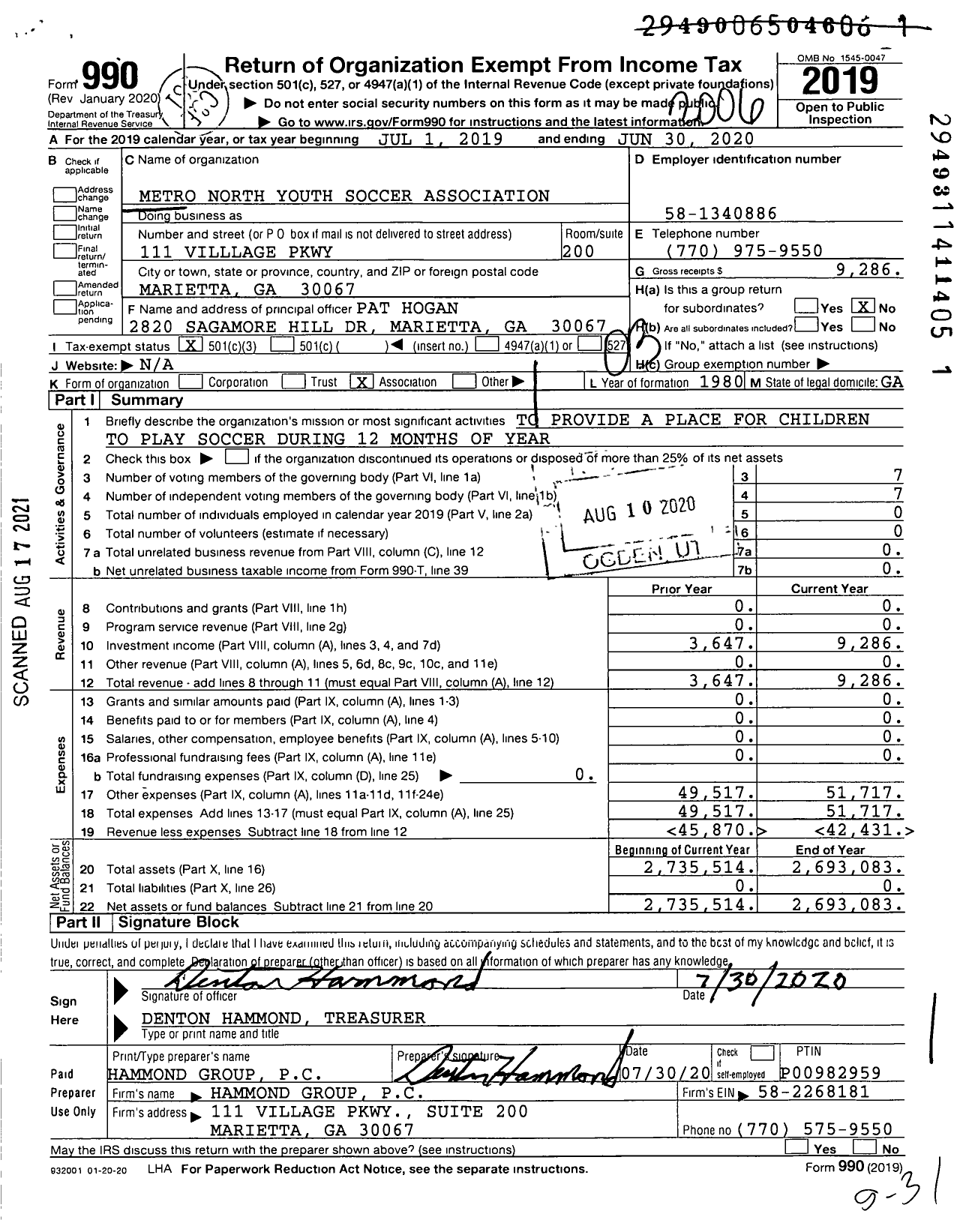 Image of first page of 2019 Form 990 for Metro North Youth Soccer Association