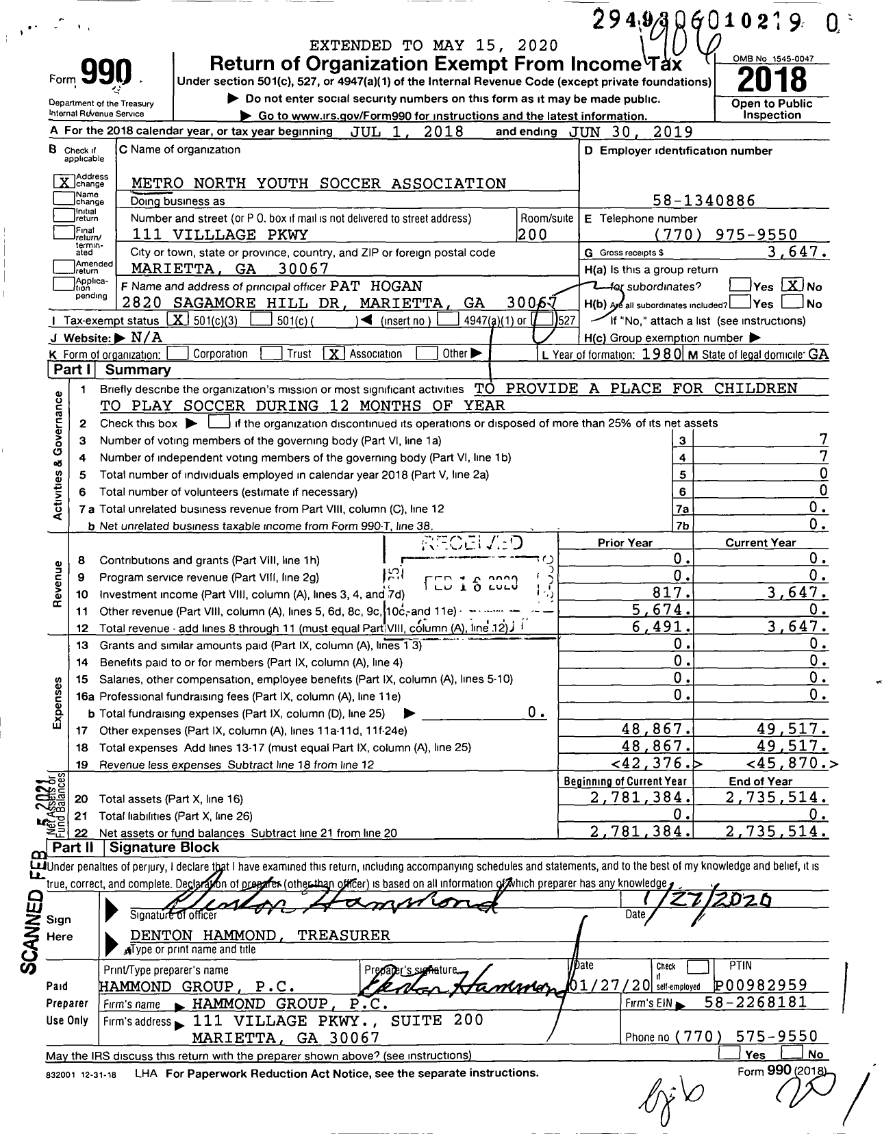 Image of first page of 2018 Form 990 for Metro North Youth Soccer Association