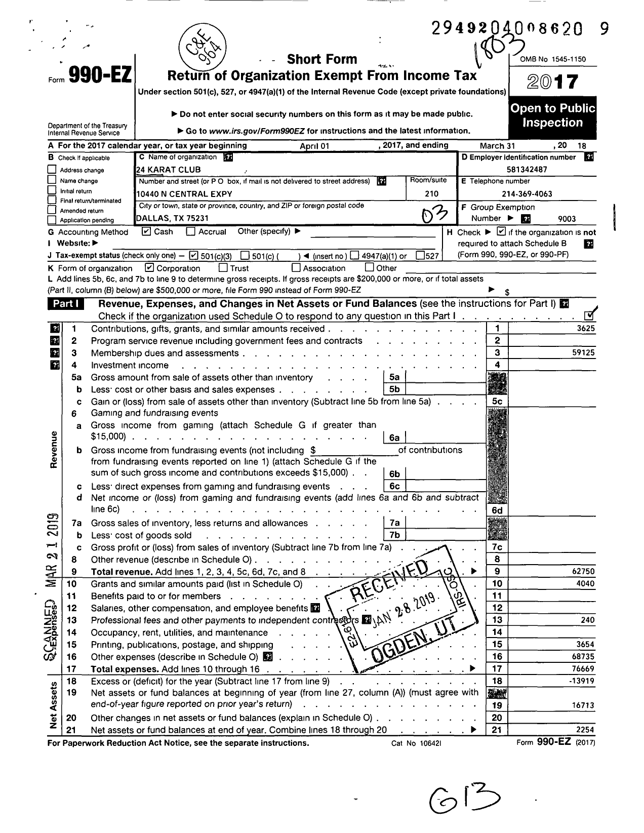 Image of first page of 2017 Form 990EZ for 24 Karat Club of Se United States