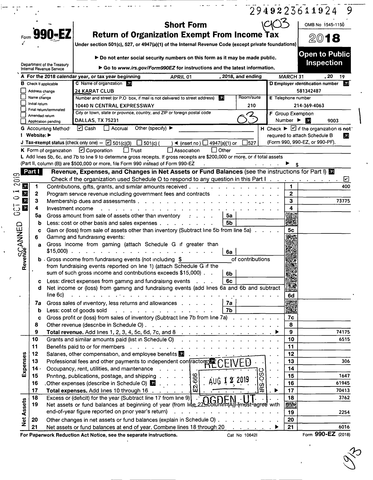 Image of first page of 2018 Form 990EZ for 24 Karat Club of Se United States