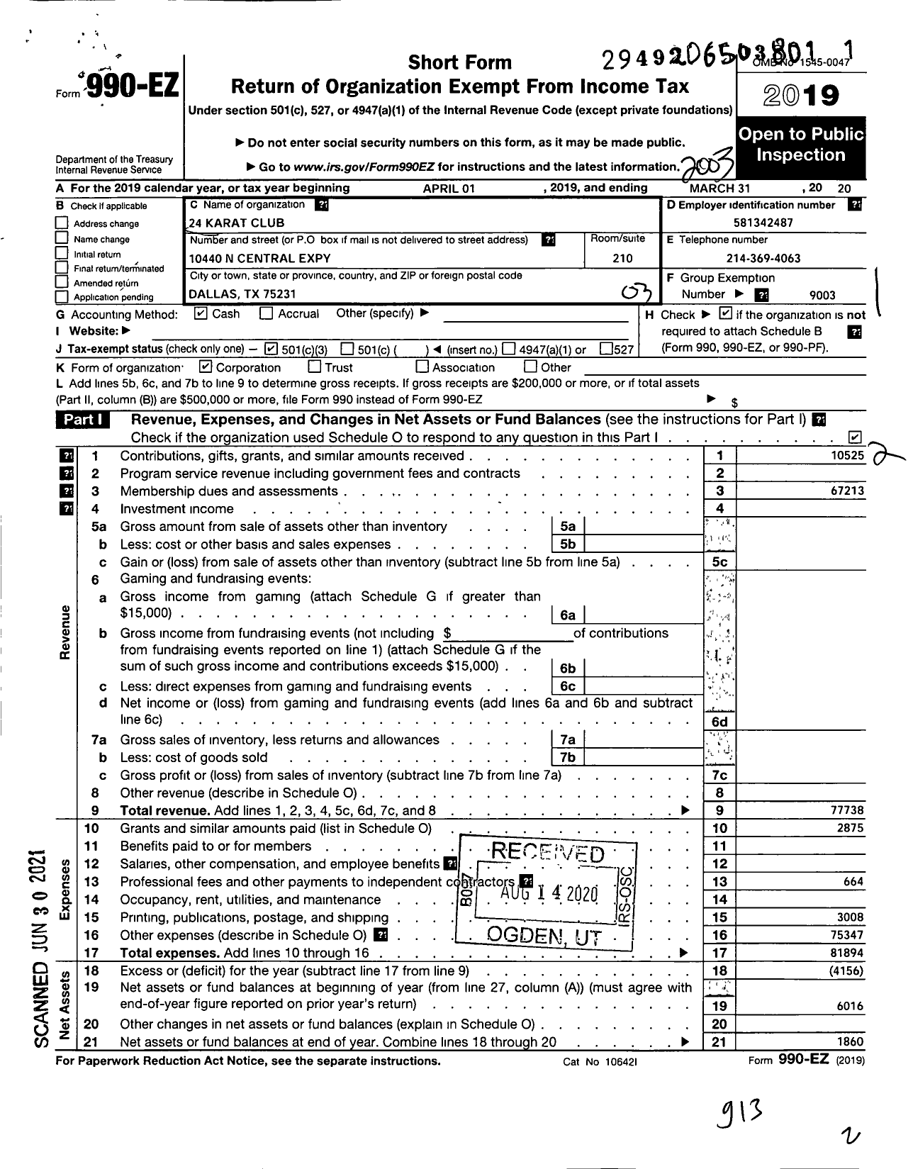 Image of first page of 2019 Form 990EZ for 24 Karat Club of Se United States