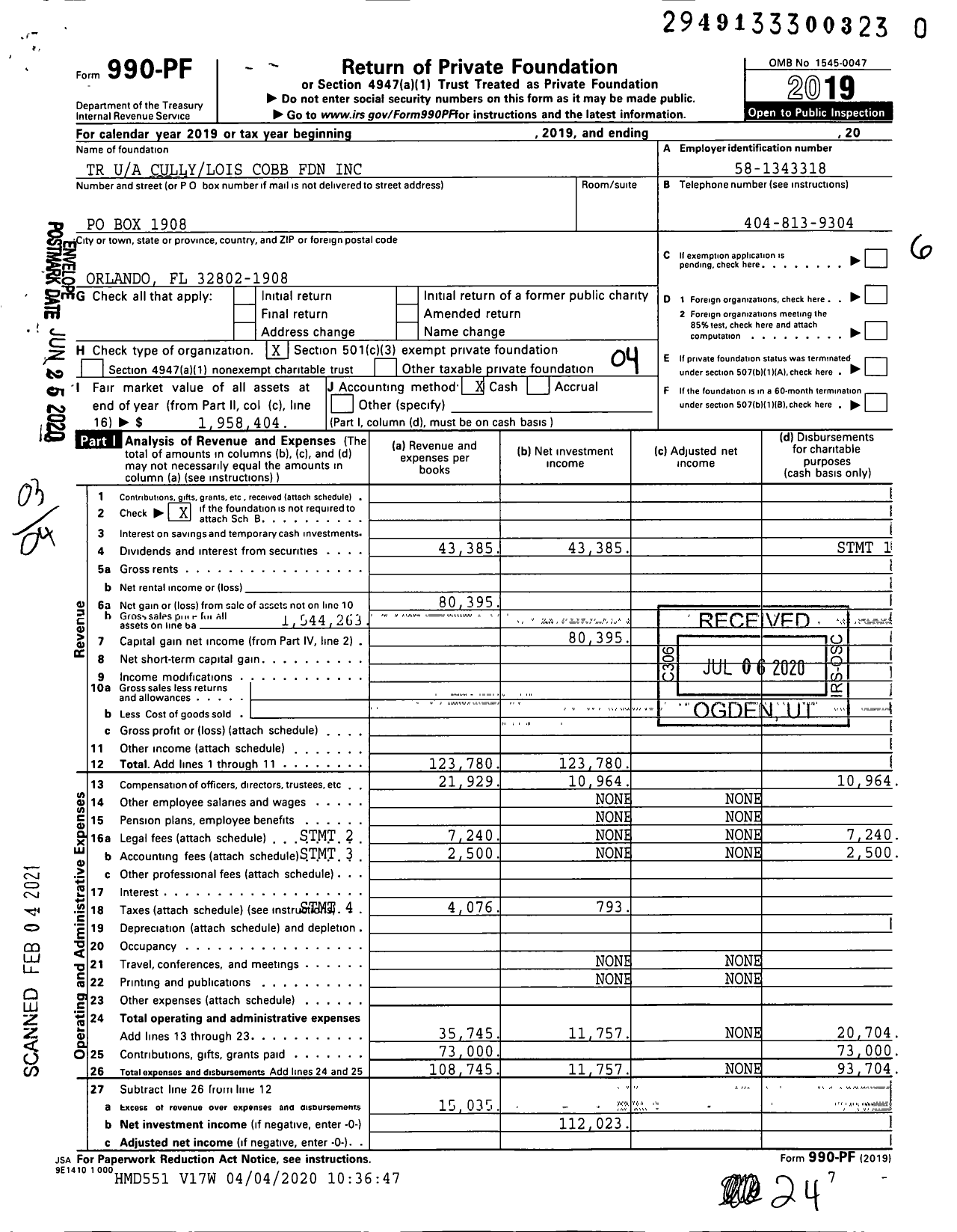 Image of first page of 2019 Form 990PF for Cullylois Cobb Foundation Trust