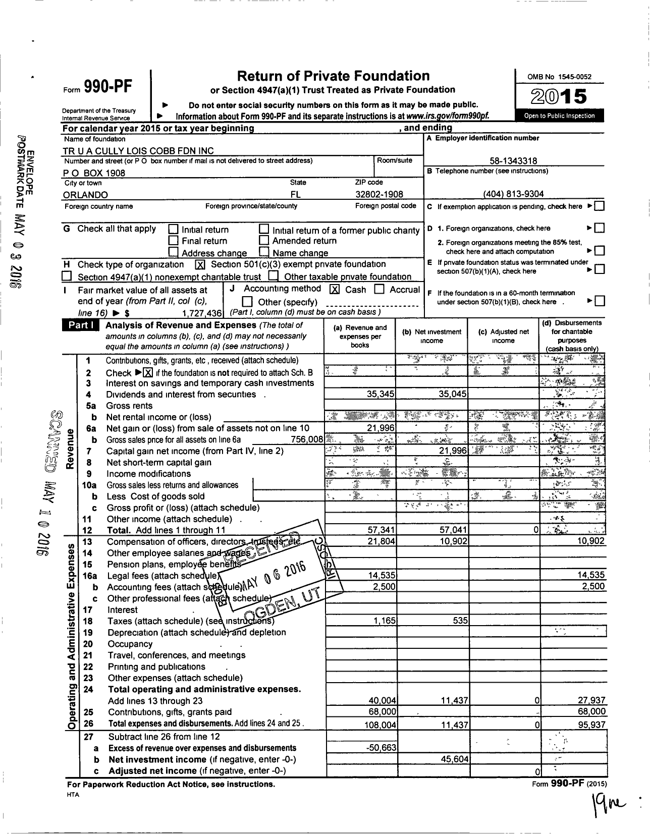 Image of first page of 2015 Form 990PF for Cullylois Cobb Foundation Trust