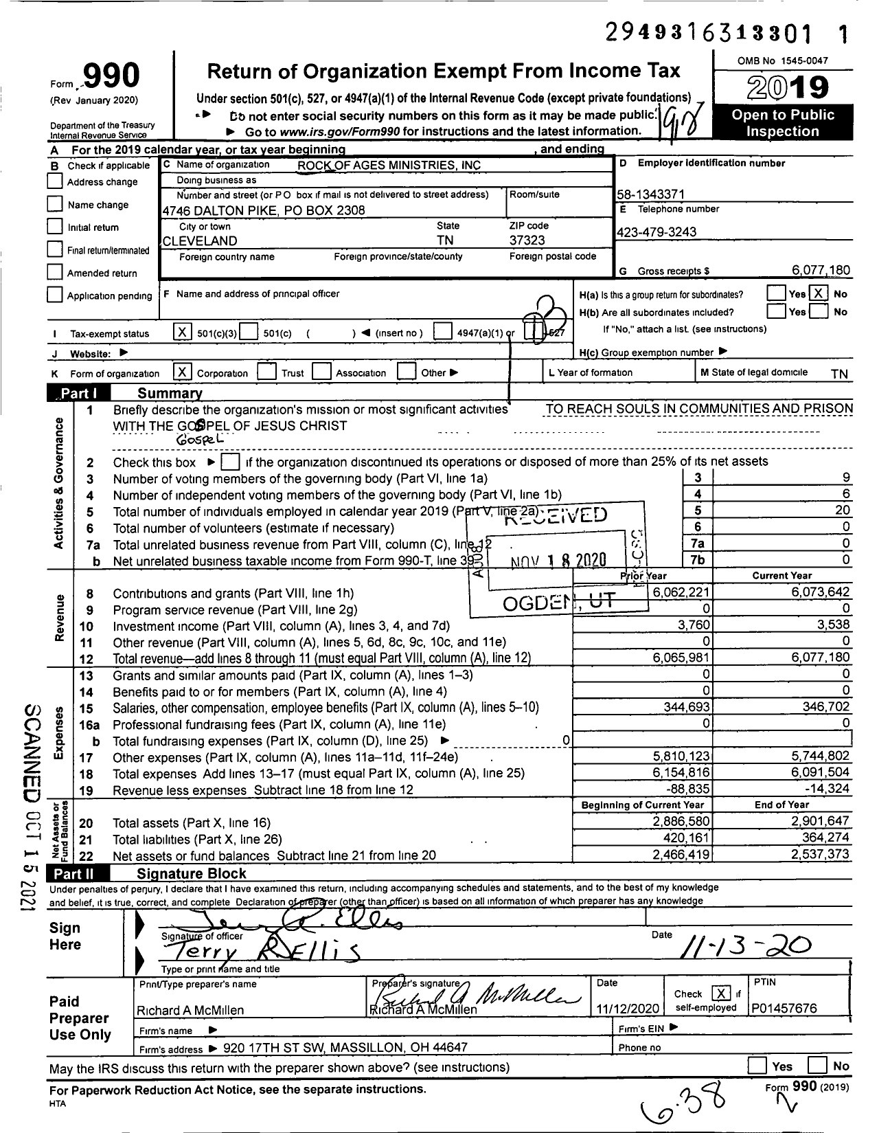 Image of first page of 2019 Form 990 for Rock of Ages Ministries (ROAPM)