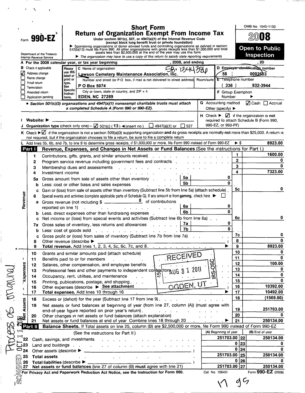 Image of first page of 2008 Form 990EO for Lawson Cemetery Maintenance Association