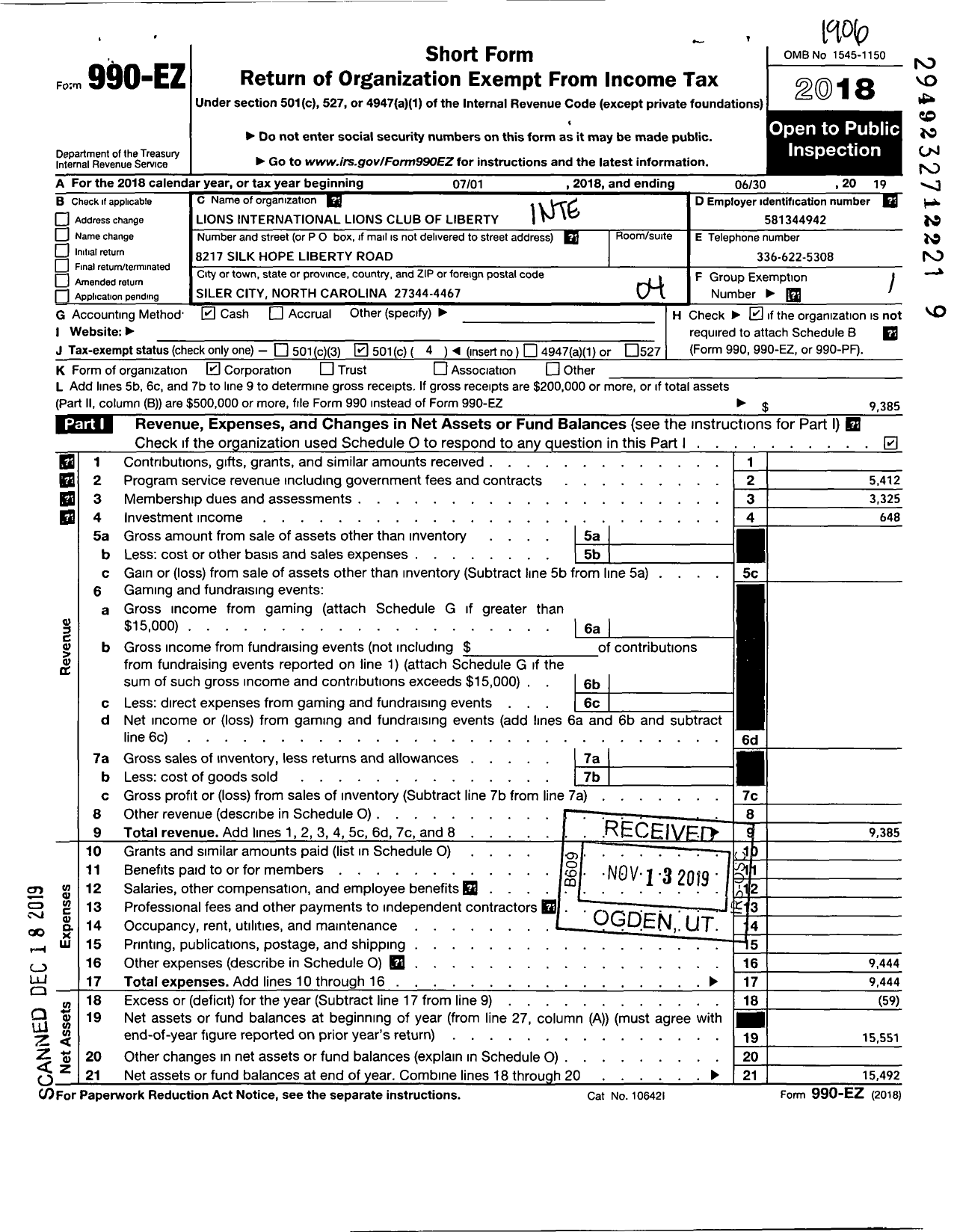 Image of first page of 2018 Form 990EO for Lions Clubs - 11466 Liberty